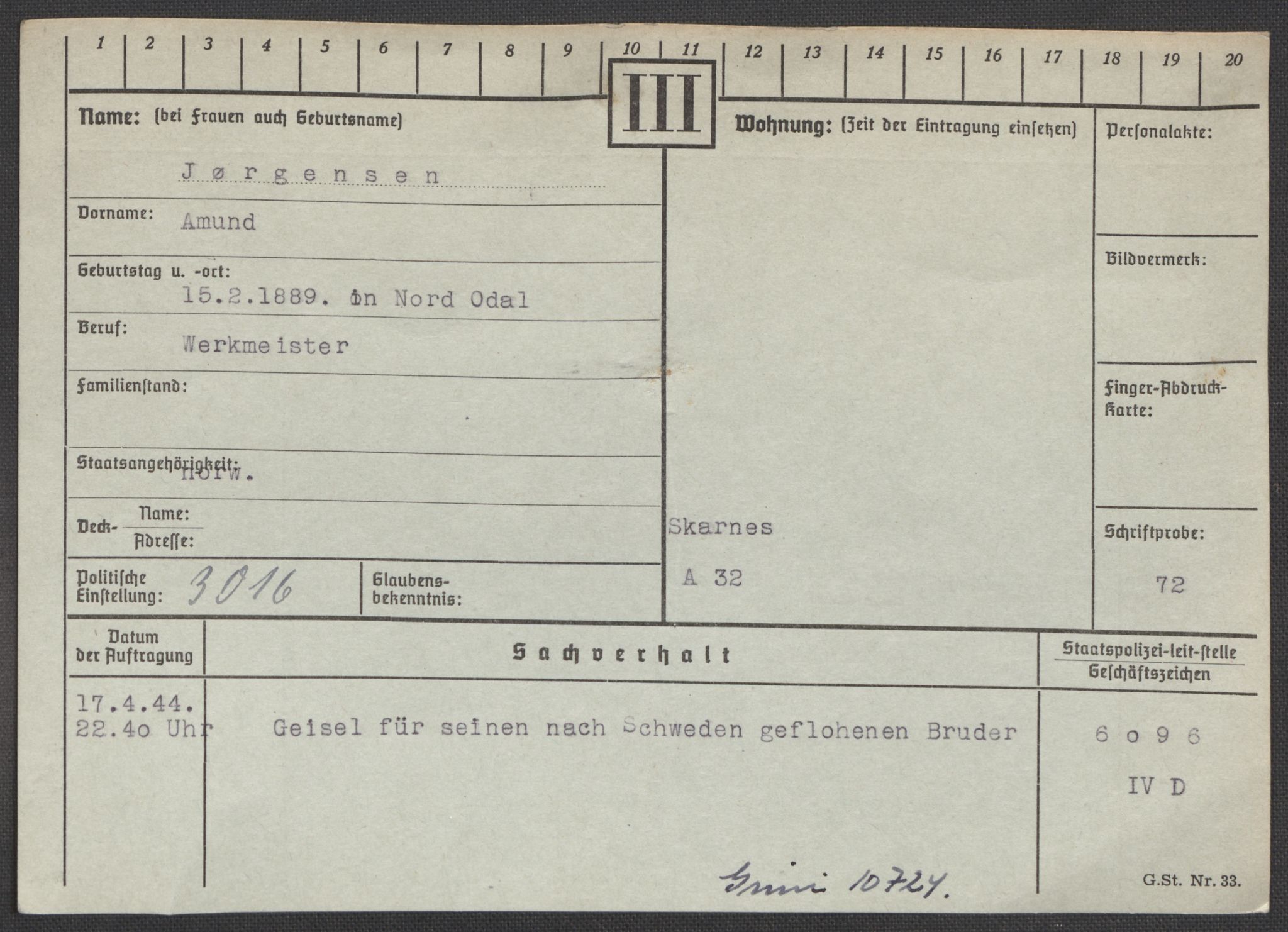 Befehlshaber der Sicherheitspolizei und des SD, AV/RA-RAFA-5969/E/Ea/Eaa/L0005: Register over norske fanger i Møllergata 19: Hø-Kj, 1940-1945, p. 1083