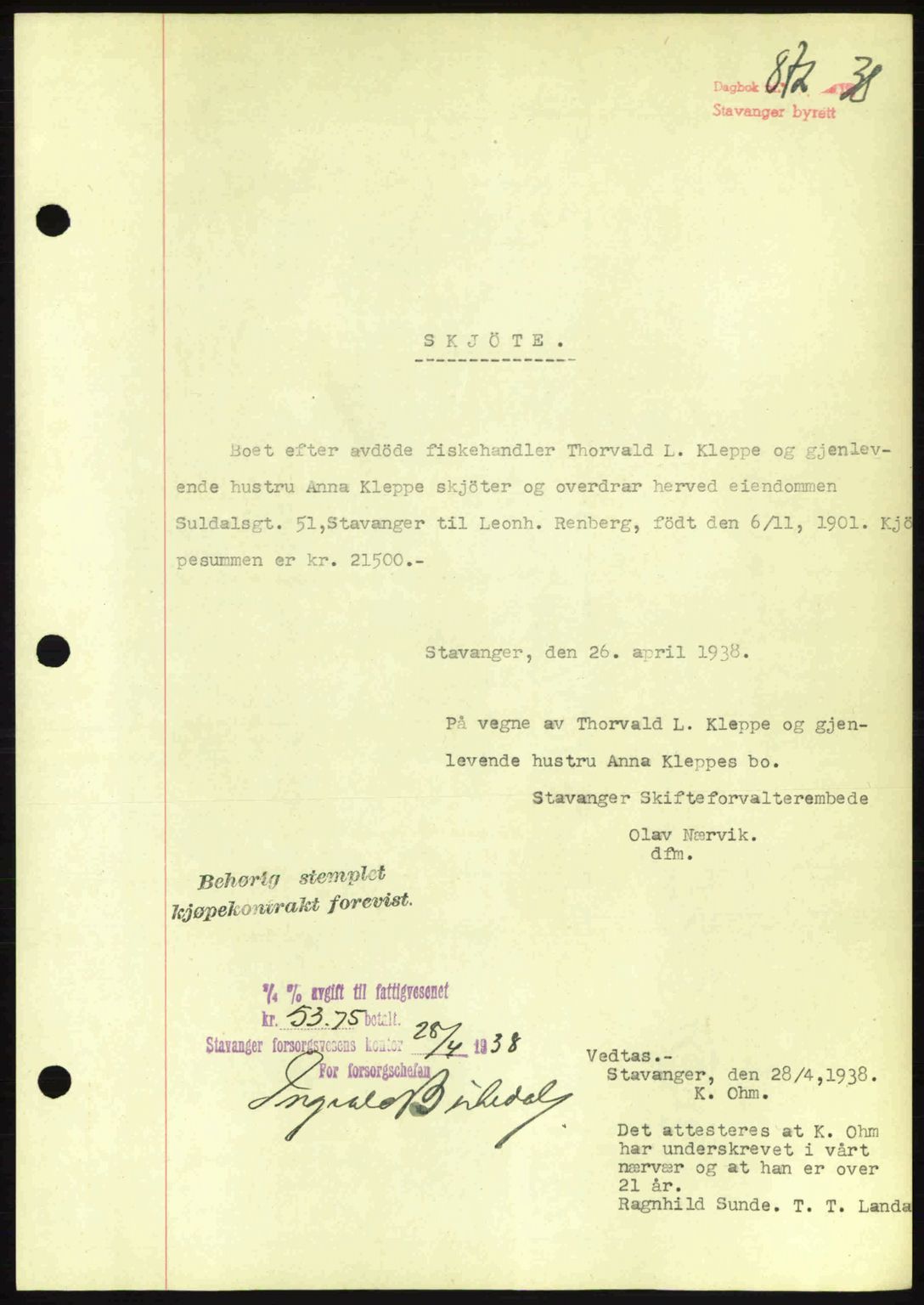 Stavanger byrett, SAST/A-100455/002/G/Gb/L0013: Mortgage book no. A3, 1937-1938, Diary no: : 872/1938