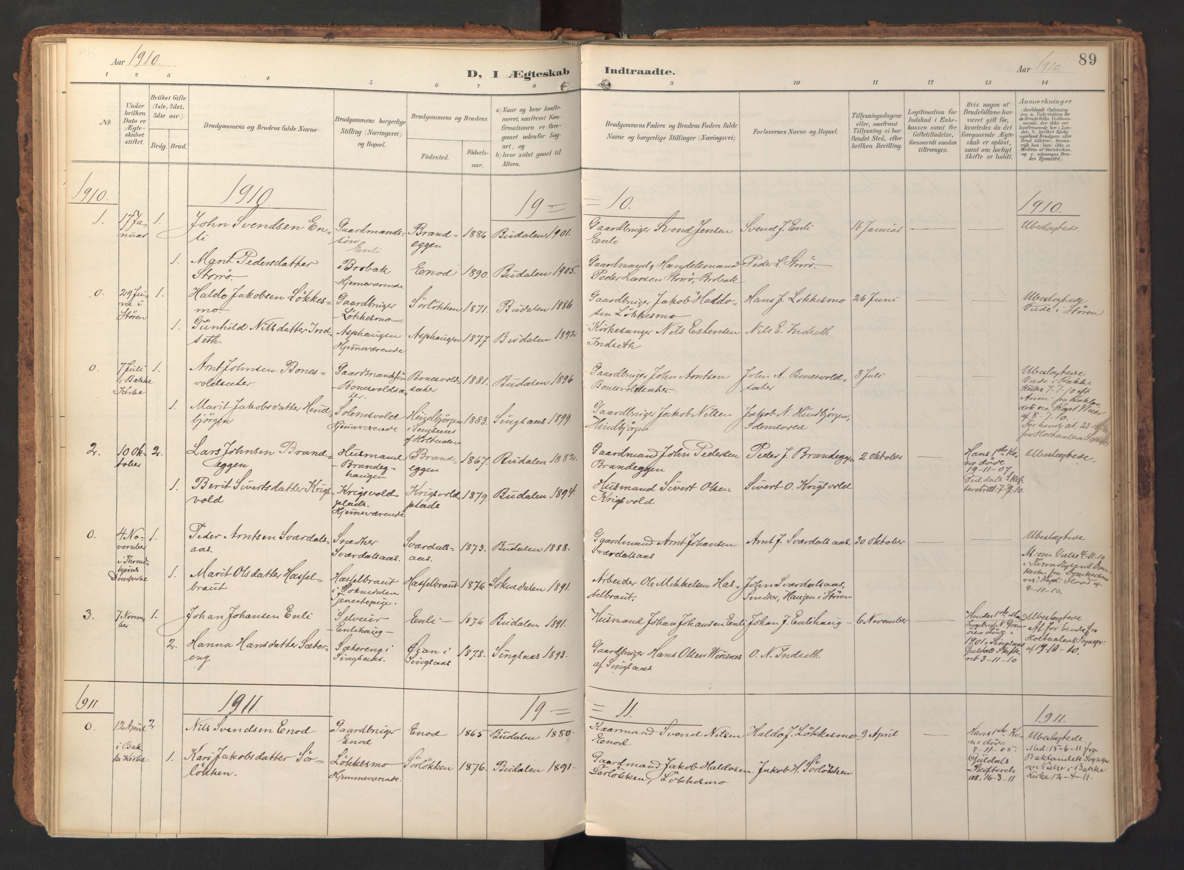 Ministerialprotokoller, klokkerbøker og fødselsregistre - Sør-Trøndelag, SAT/A-1456/690/L1050: Parish register (official) no. 690A01, 1889-1929, p. 89