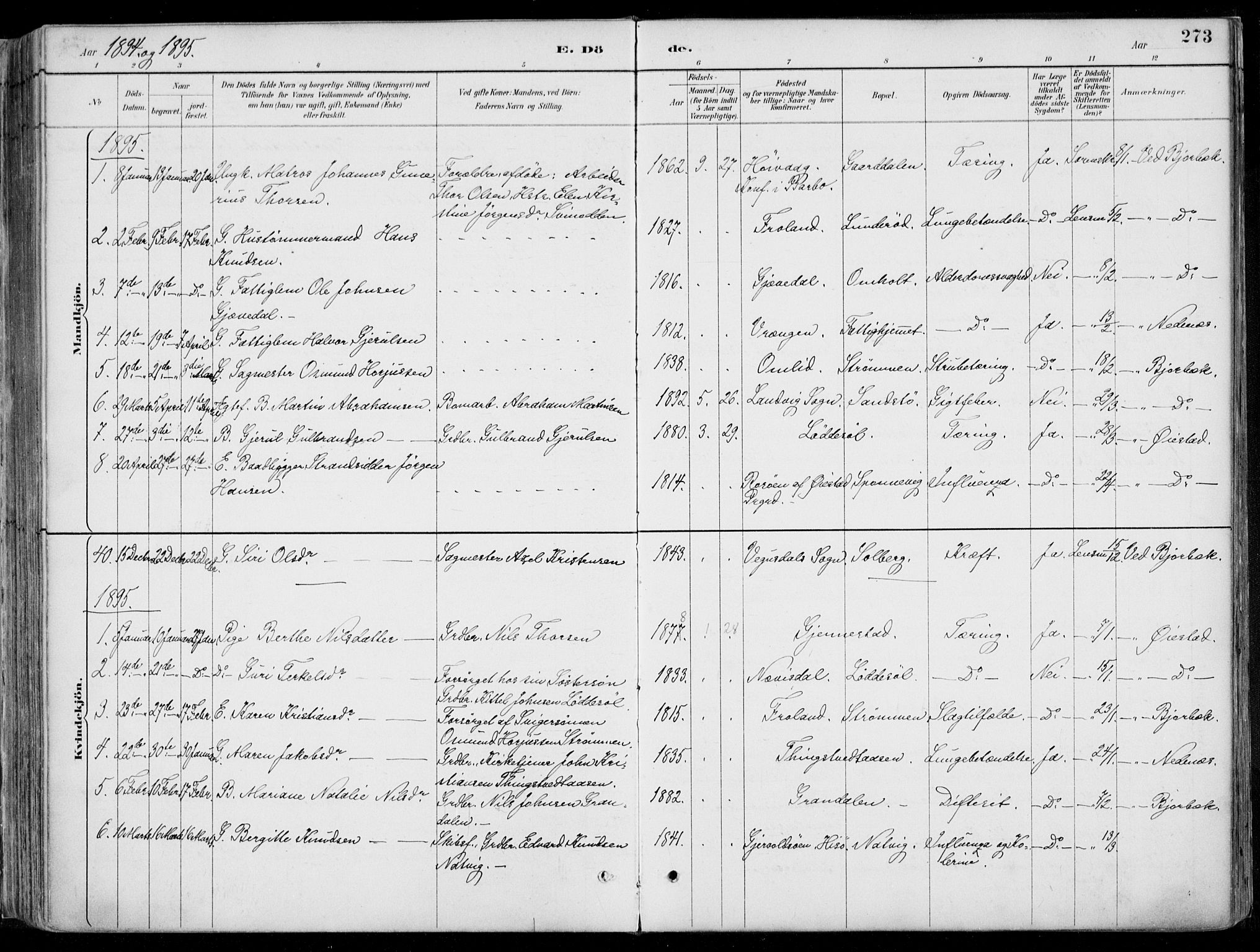 Øyestad sokneprestkontor, SAK/1111-0049/F/Fa/L0017: Parish register (official) no. A 17, 1887-1896, p. 273
