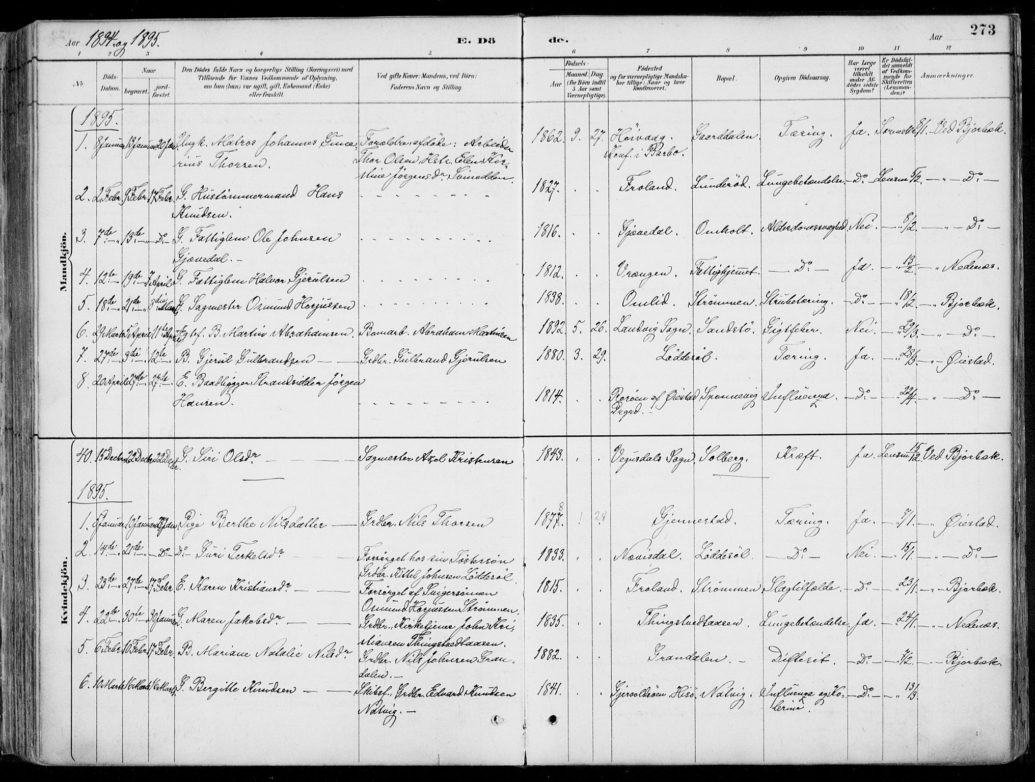 Øyestad sokneprestkontor, AV/SAK-1111-0049/F/Fa/L0017: Parish register (official) no. A 17, 1887-1896, p. 273