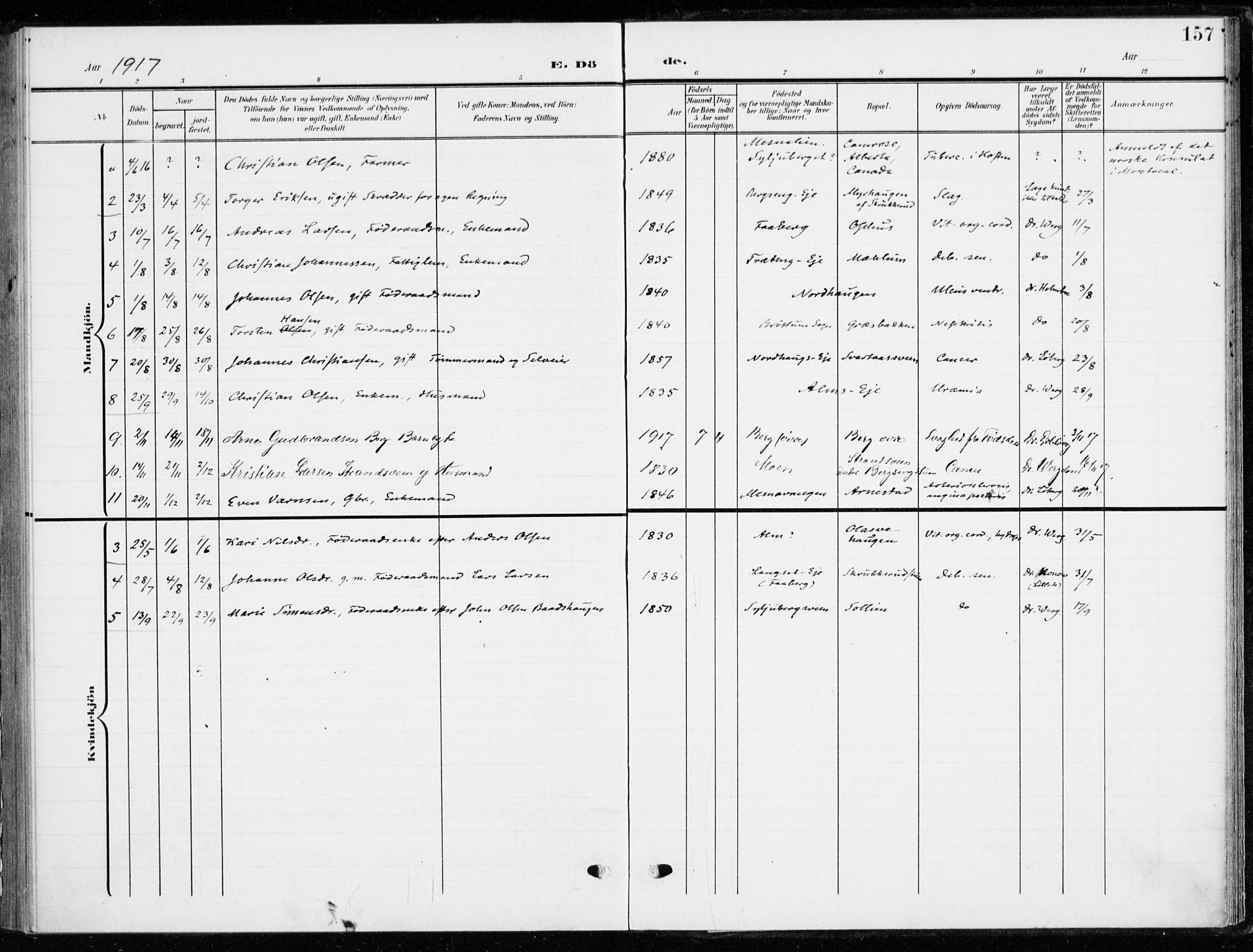 Ringsaker prestekontor, SAH/PREST-014/K/Ka/L0021: Parish register (official) no. 21, 1905-1920, p. 157