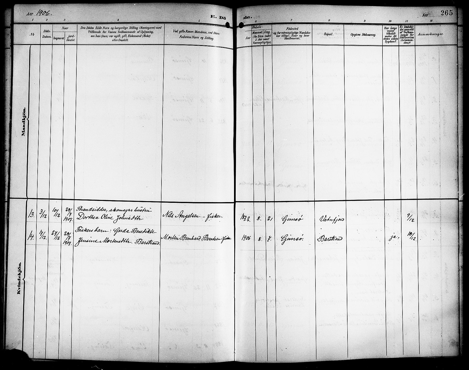 Ministerialprotokoller, klokkerbøker og fødselsregistre - Nordland, AV/SAT-A-1459/876/L1105: Parish register (copy) no. 876C04, 1896-1914, p. 265