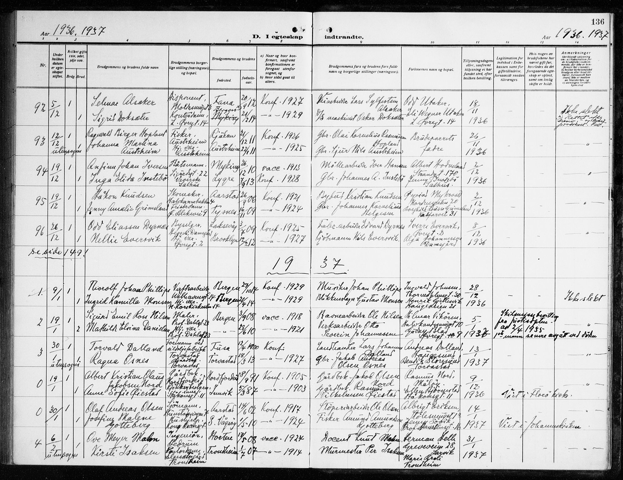 Korskirken sokneprestembete, AV/SAB-A-76101/H/Haa/L0039: Parish register (official) no. D 6, 1919-1938, p. 136