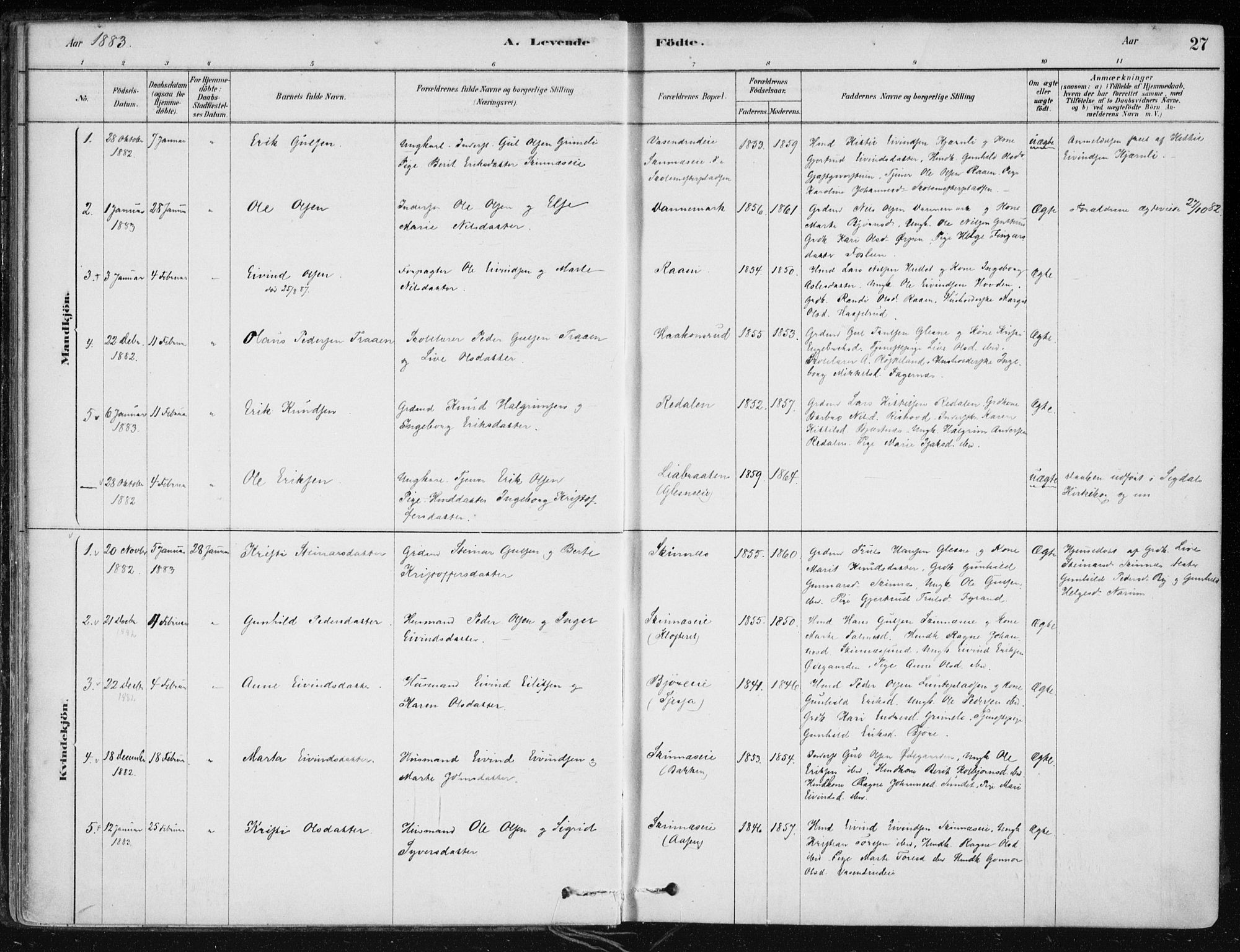 Krødsherad kirkebøker, SAKO/A-19/F/Fa/L0005: Parish register (official) no. 5, 1879-1888, p. 27