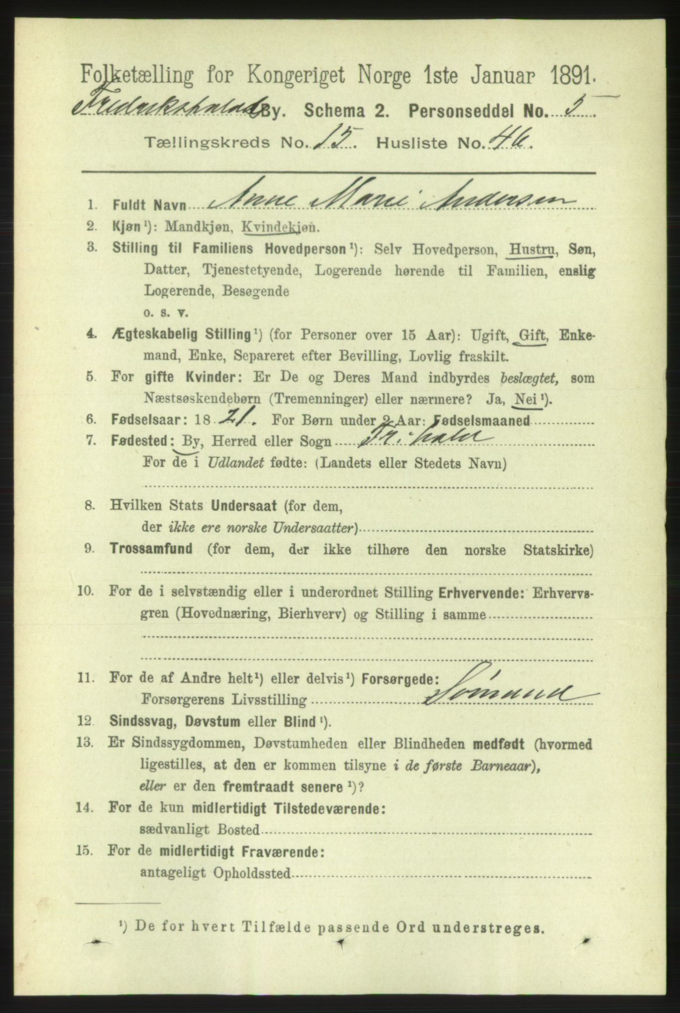RA, 1891 census for 0101 Fredrikshald, 1891, p. 9995