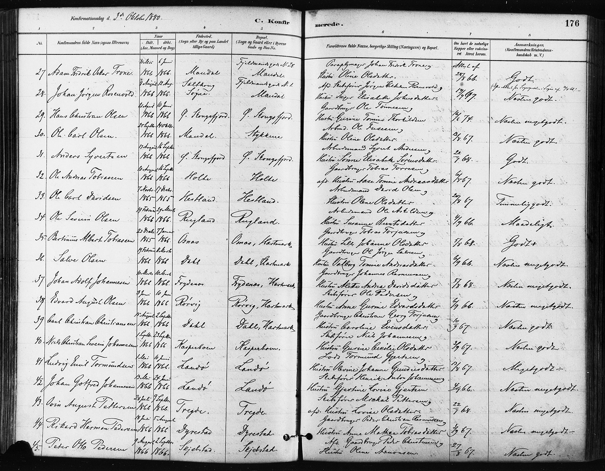 Mandal sokneprestkontor, AV/SAK-1111-0030/F/Fa/Faa/L0016: Parish register (official) no. A 16, 1880-1890, p. 176