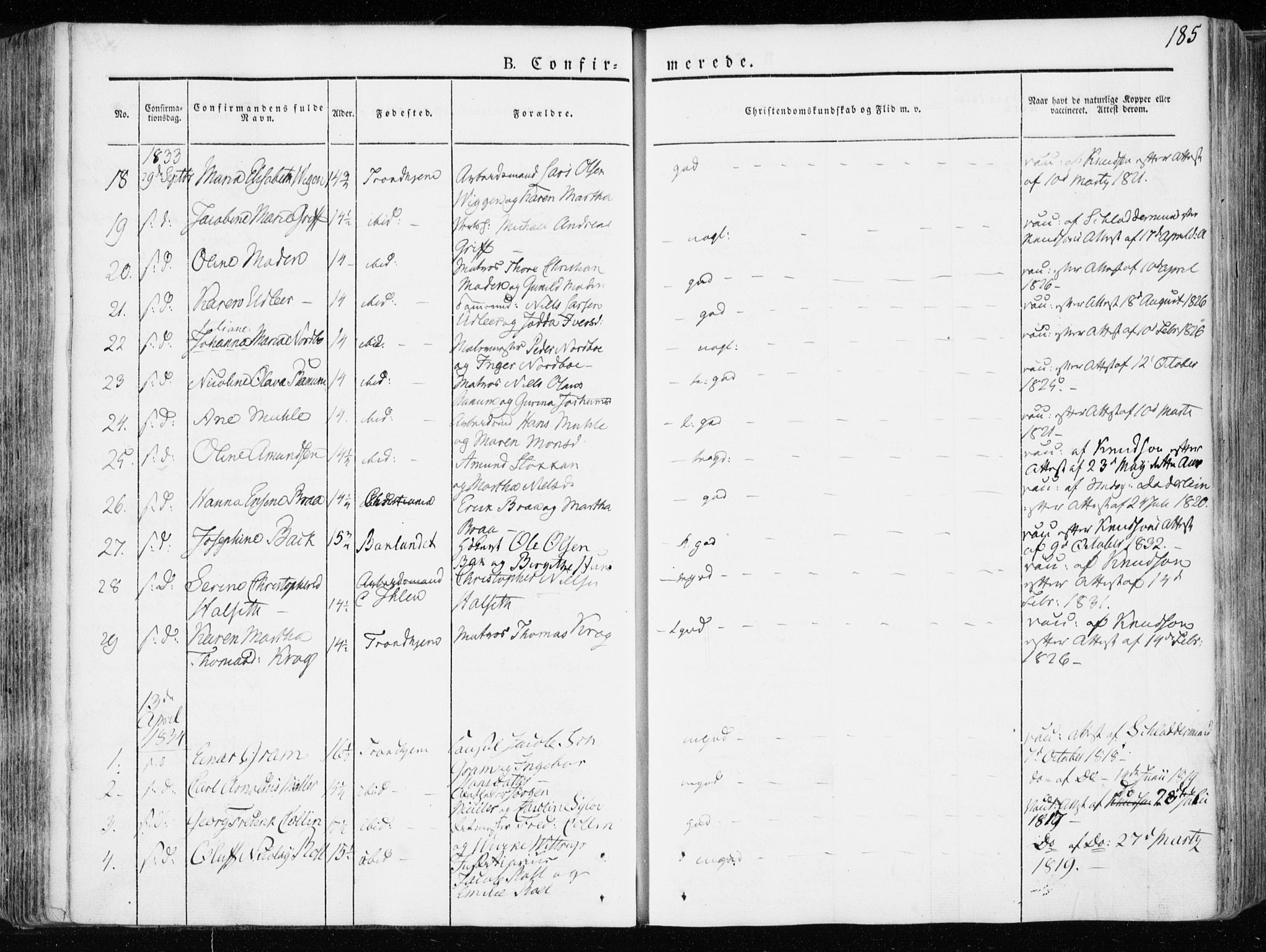 Ministerialprotokoller, klokkerbøker og fødselsregistre - Sør-Trøndelag, SAT/A-1456/601/L0047: Parish register (official) no. 601A15, 1831-1839, p. 185