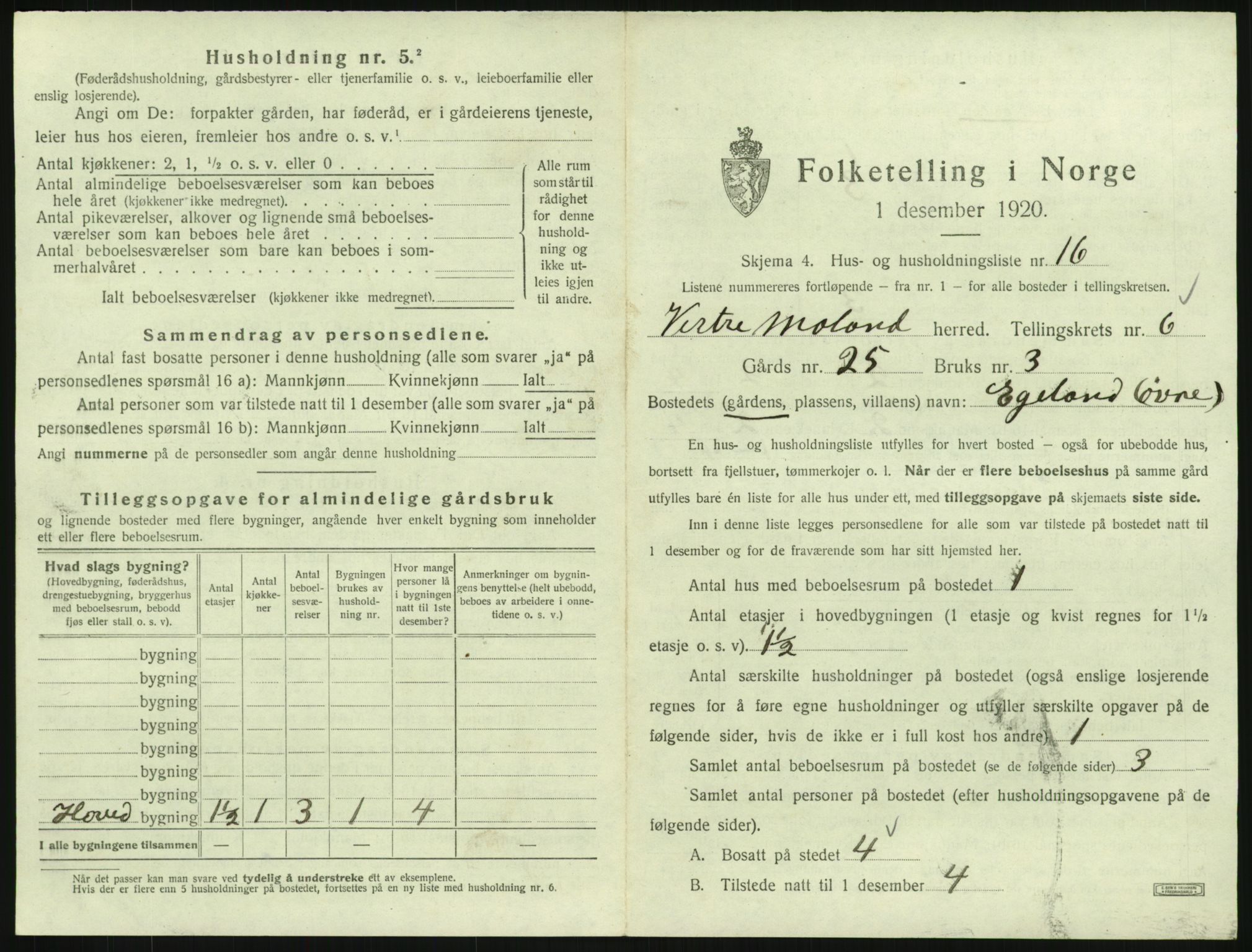 SAK, 1920 census for Vestre Moland, 1920, p. 849