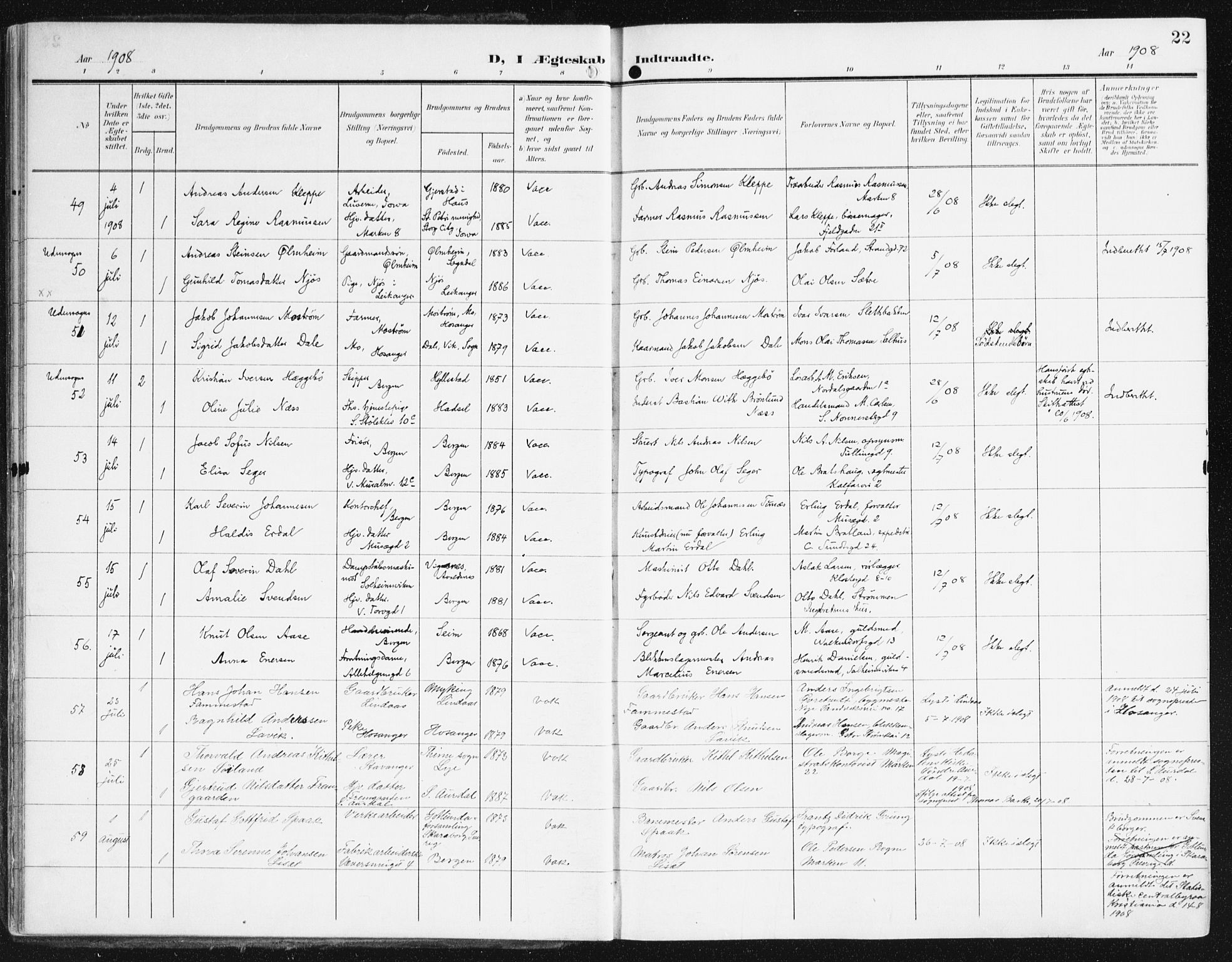 Domkirken sokneprestembete, SAB/A-74801/H/Haa/L0038: Parish register (official) no. D 5, 1906-1921, p. 22