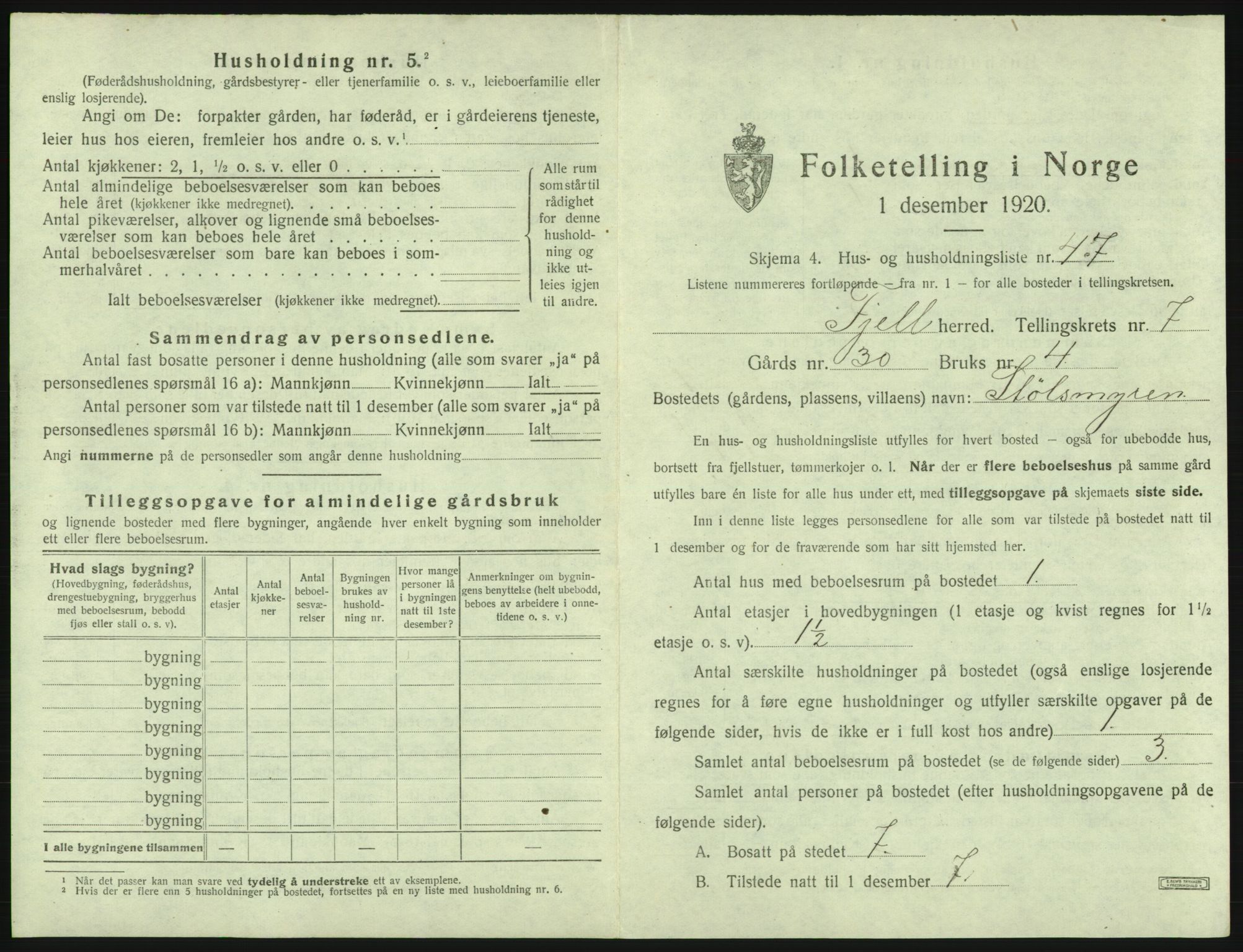 SAB, 1920 census for Fjell, 1920, p. 883