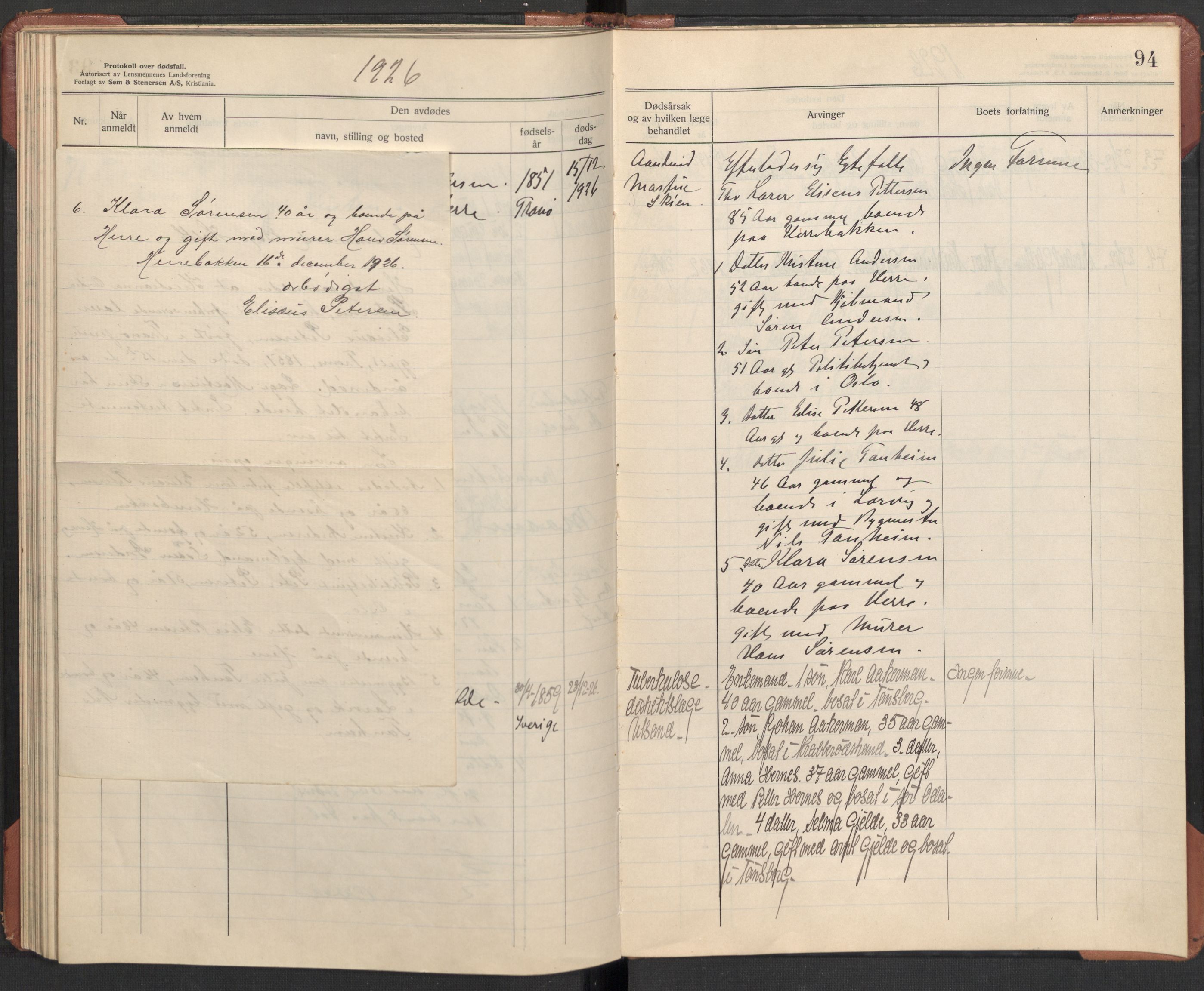 Bamble lensmannskontor, AV/SAKO-A-552/H/Ha/Haa/L0004: Dødsfallsprotokoll, 1923-1926, p. 94