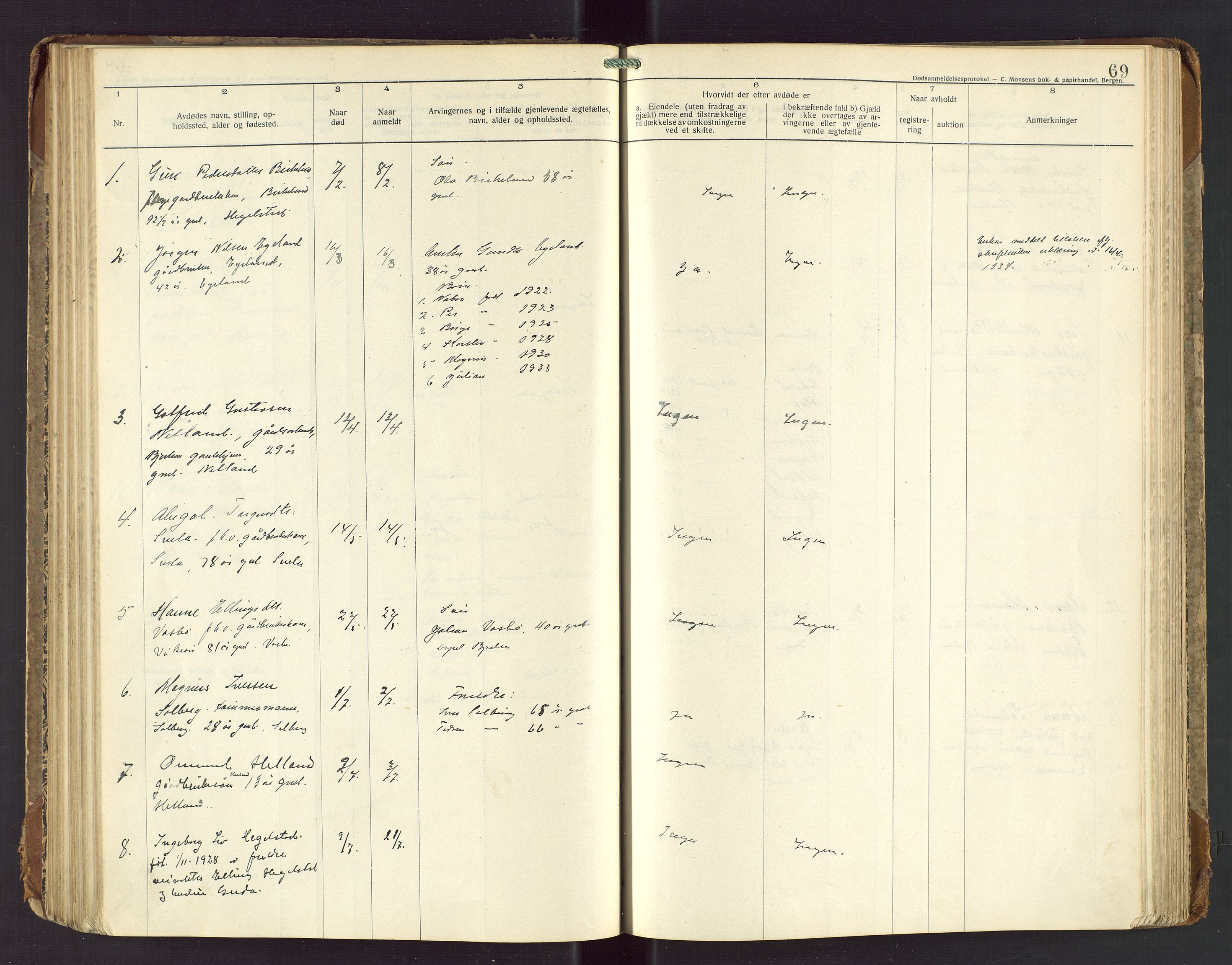 Bjerkreim lensmannskontor, AV/SAST-A-100090/Gga/L0002: "Dødsanmeldelsesprotokoll", 1916-1954, p. 69