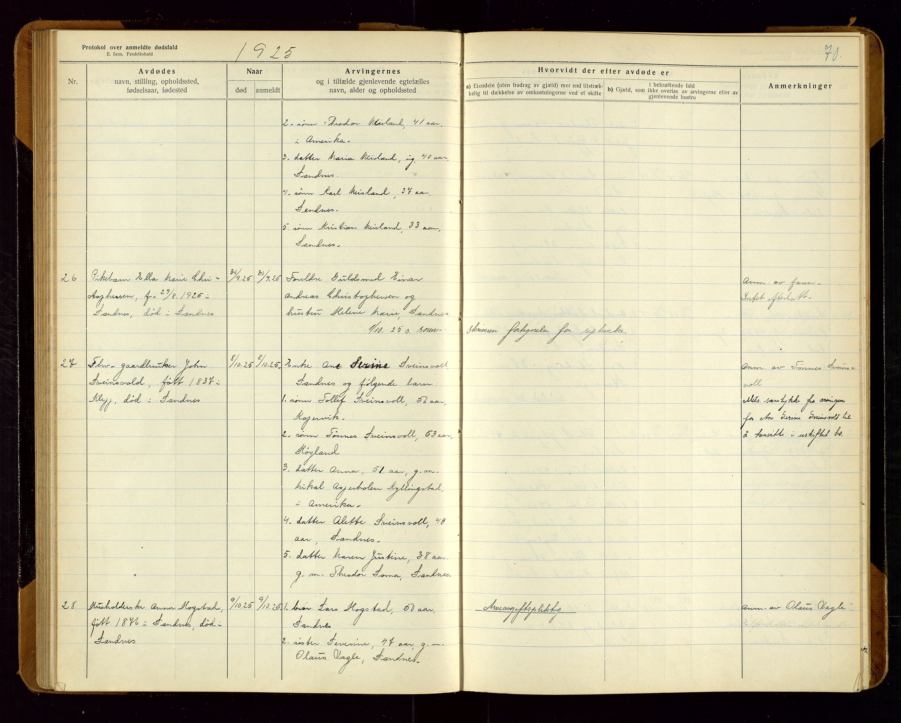 Sandnes lensmannskontor, SAST/A-100167/Gga/L0001: "Protokol over anmeldte dødsfald" m/register, 1918-1940, p. 70