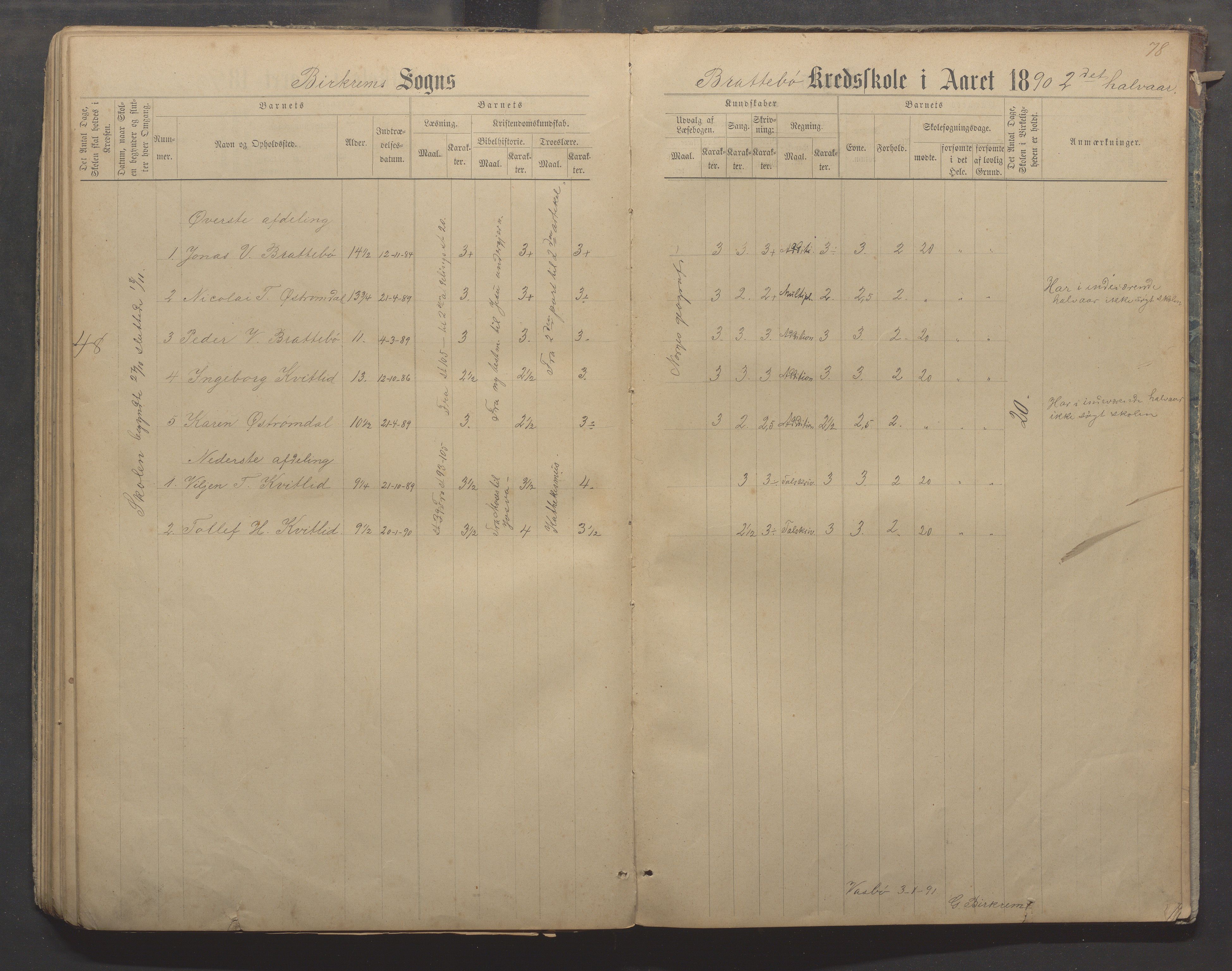 Bjerkreim kommune - Skulestyret, IKAR/K-101539/H/L0006: Skuleprotokoll, 1884-1898, p. 77b-78a