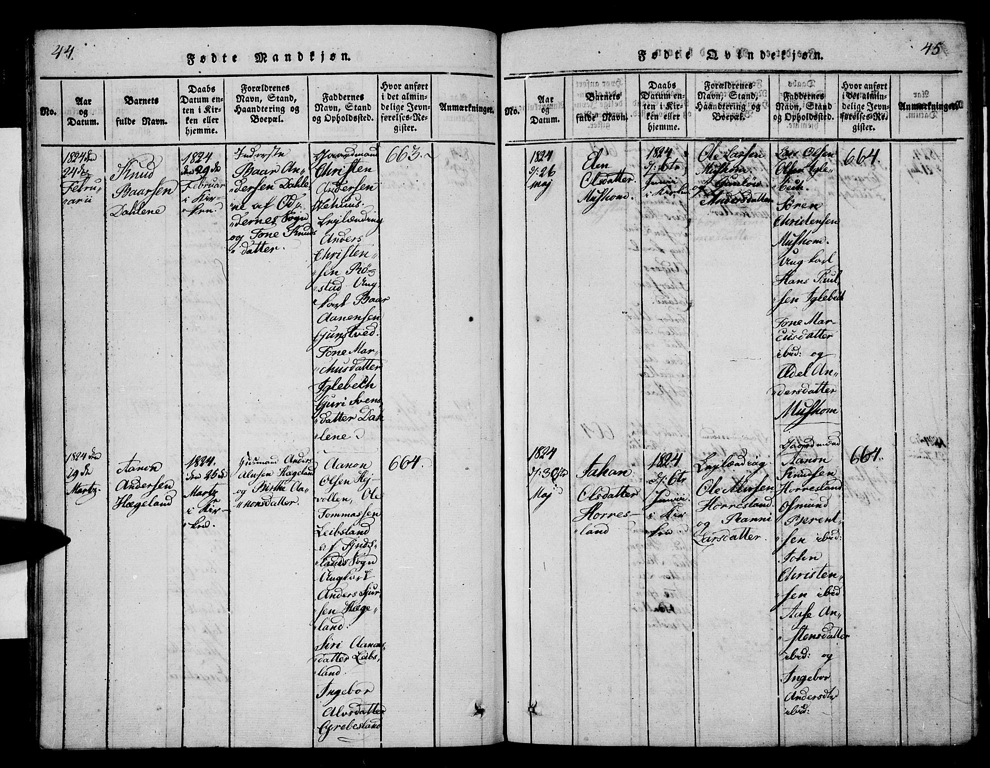 Vennesla sokneprestkontor, AV/SAK-1111-0045/Fa/Fac/L0003: Parish register (official) no. A 3, 1820-1834, p. 44-45