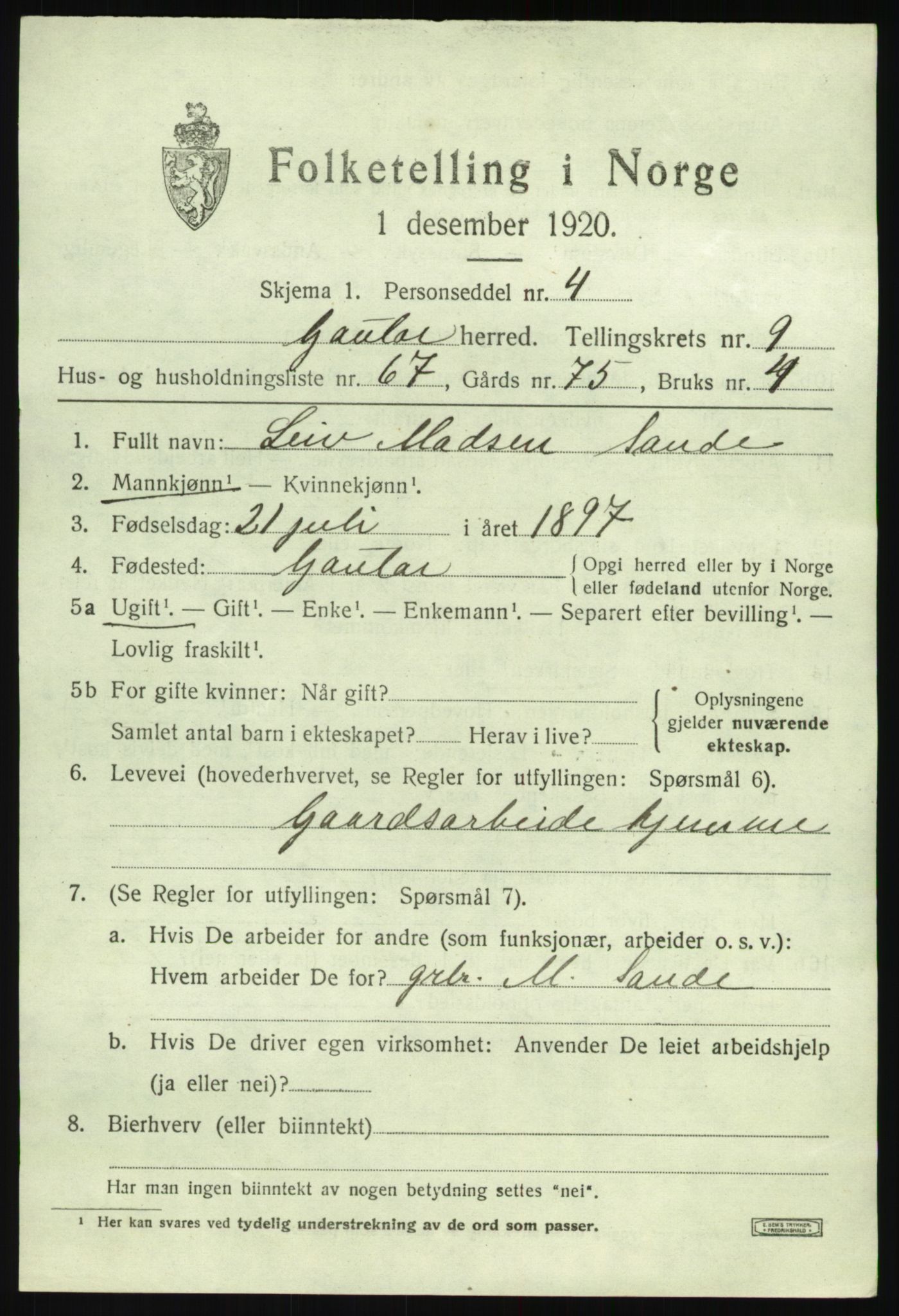 SAB, 1920 census for Gaular, 1920, p. 4772