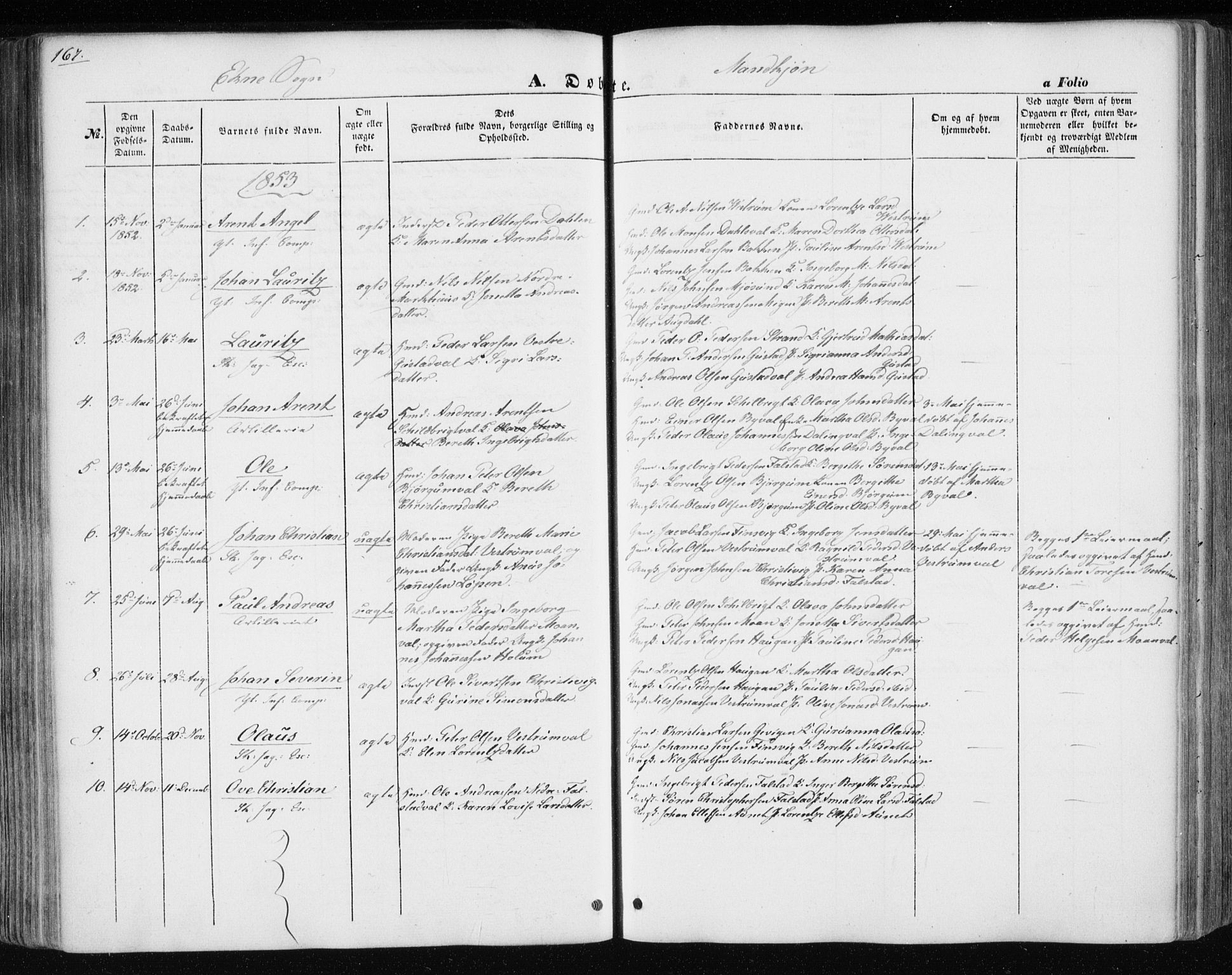 Ministerialprotokoller, klokkerbøker og fødselsregistre - Nord-Trøndelag, SAT/A-1458/717/L0154: Parish register (official) no. 717A07 /3, 1850-1862, p. 167