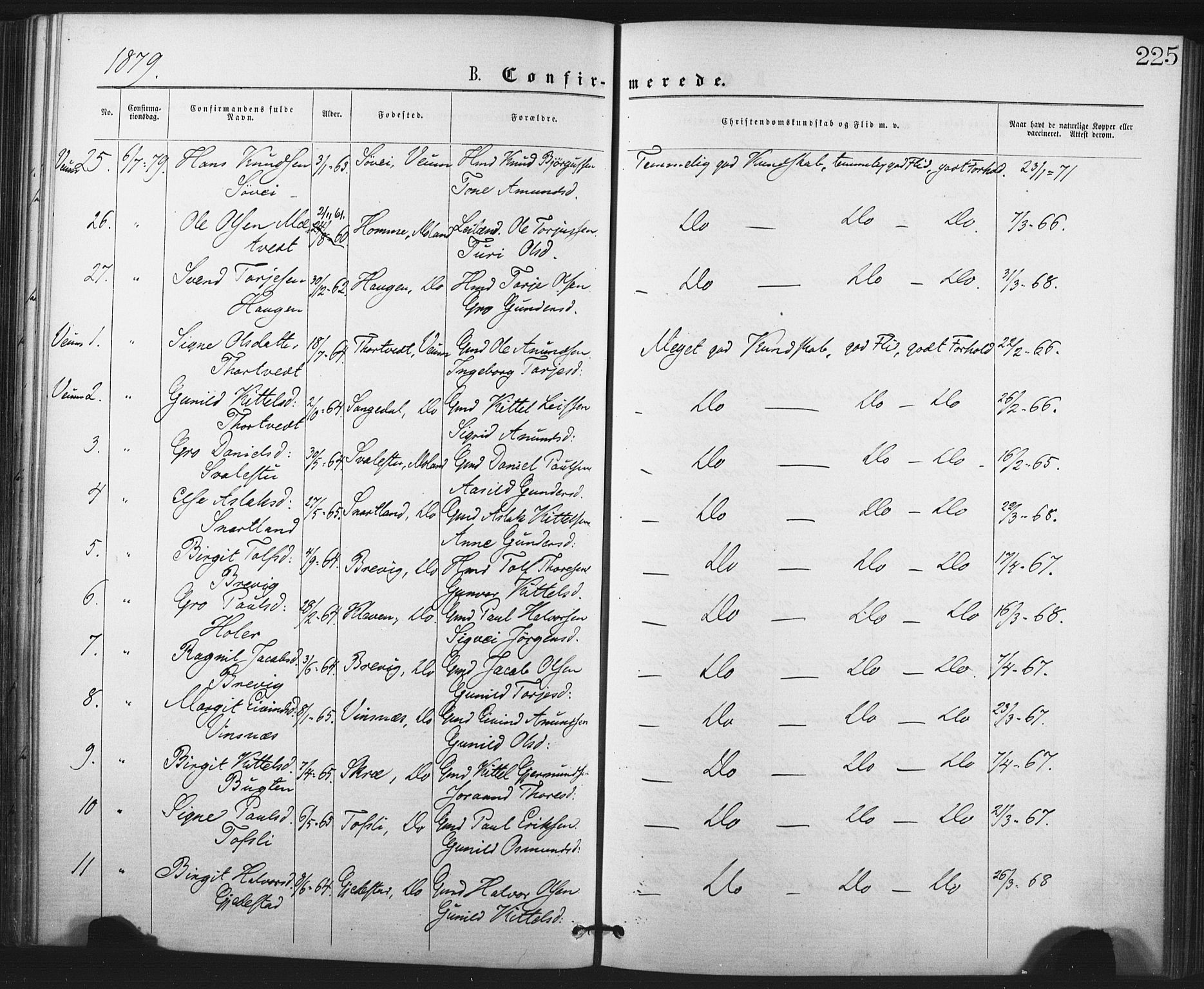 Fyresdal kirkebøker, AV/SAKO-A-263/F/Fa/L0006: Parish register (official) no. I 6, 1872-1886, p. 225