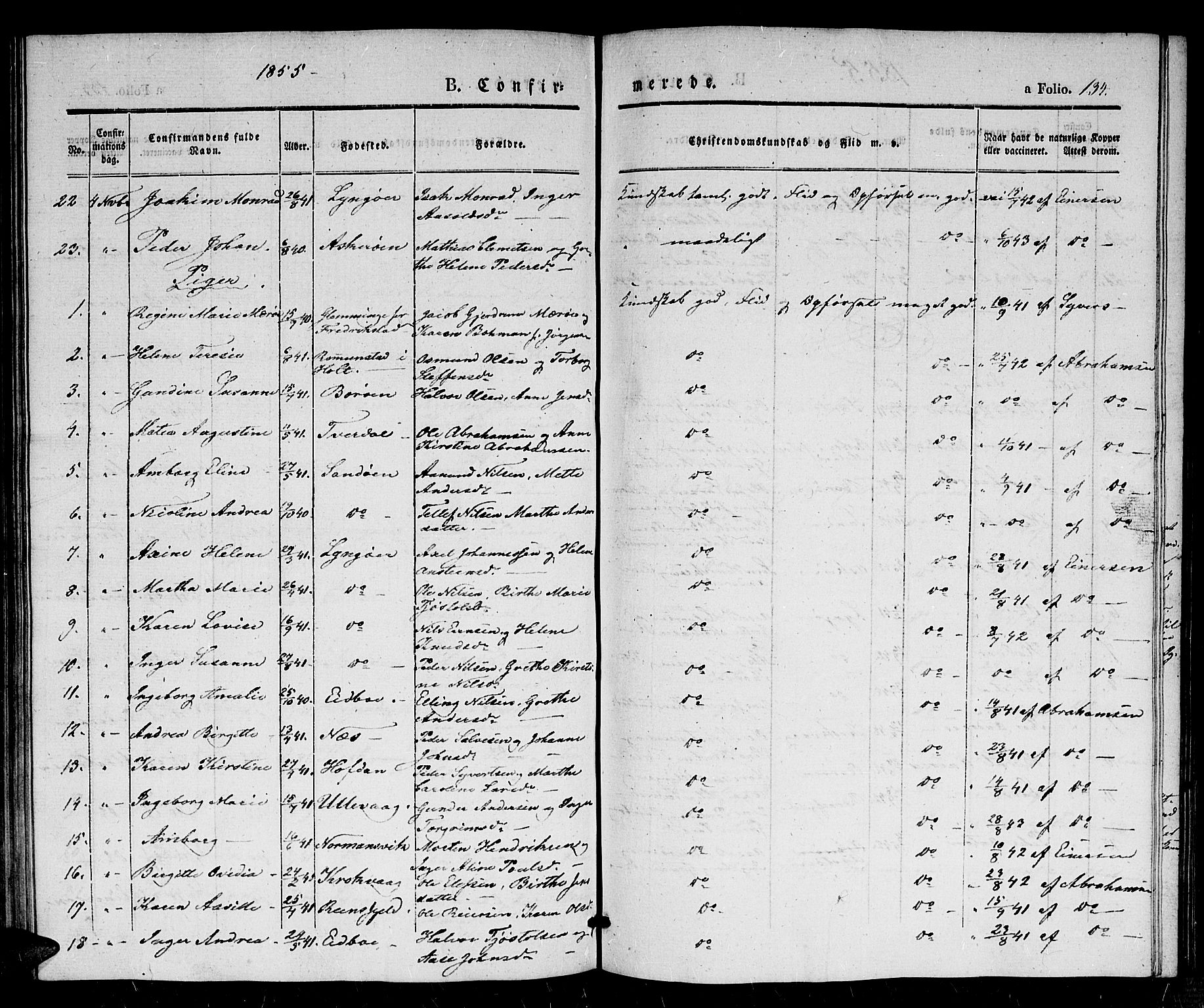 Dypvåg sokneprestkontor, AV/SAK-1111-0007/F/Fb/Fba/L0010: Parish register (copy) no. B 10, 1842-1857, p. 134