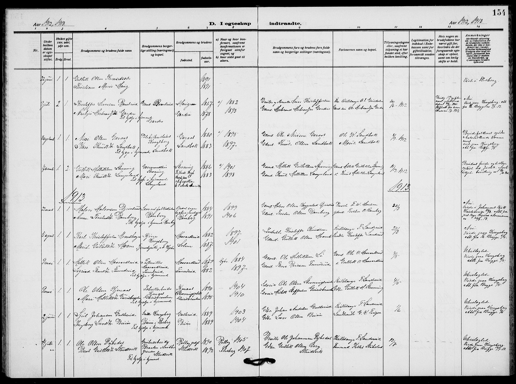 Flesberg kirkebøker, AV/SAKO-A-18/G/Ga/L0006: Parish register (copy) no. I 6, 1909-1924, p. 154