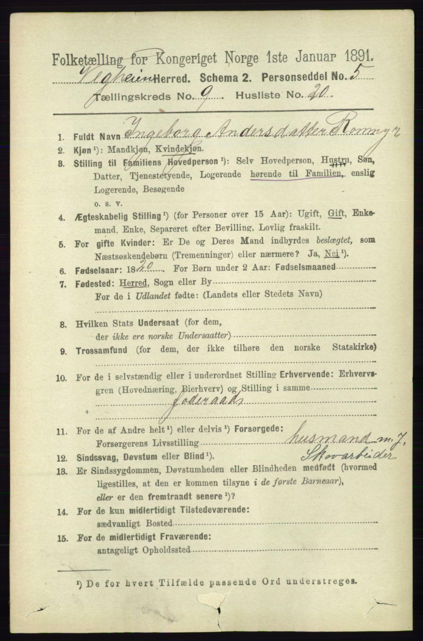 RA, 1891 census for 0912 Vegårshei, 1891, p. 1875