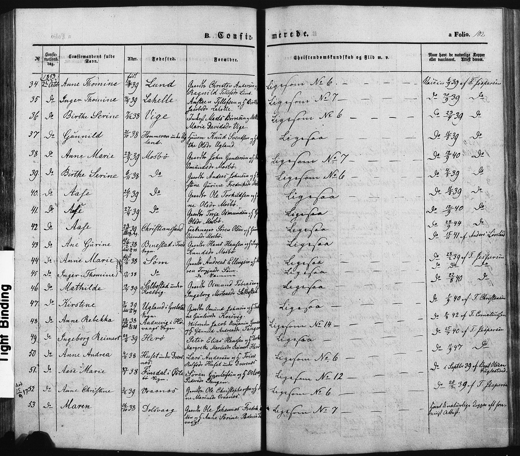 Oddernes sokneprestkontor, AV/SAK-1111-0033/F/Fa/Faa/L0007: Parish register (official) no. A 7, 1851-1863, p. 102