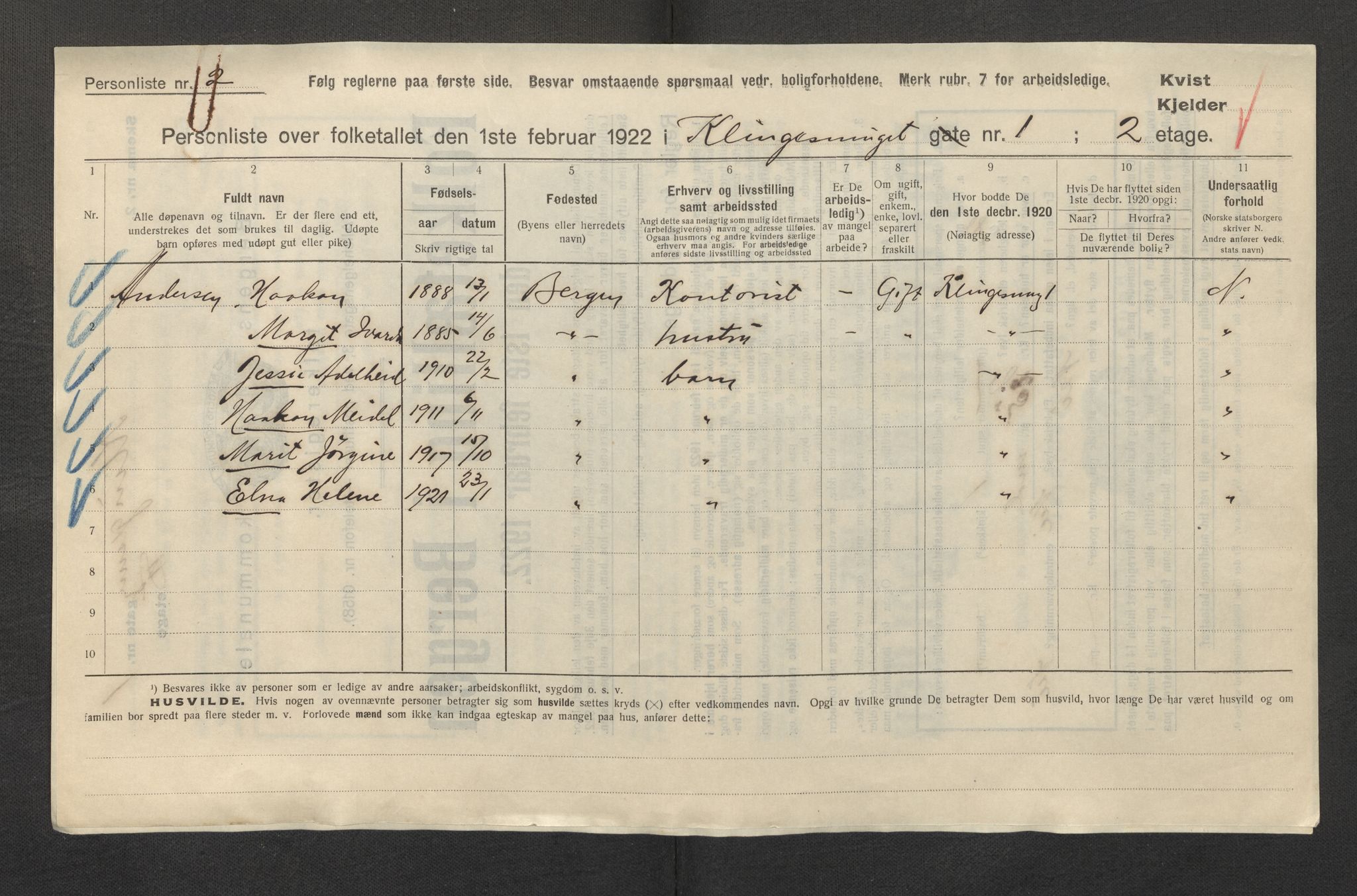 SAB, Municipal Census 1922 for Bergen, 1922, p. 18747