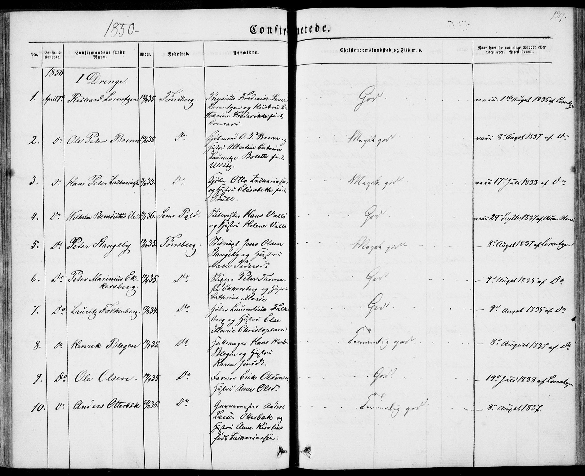 Tønsberg kirkebøker, SAKO/A-330/F/Fa/L0007: Parish register (official) no. I 7, 1845-1854, p. 127