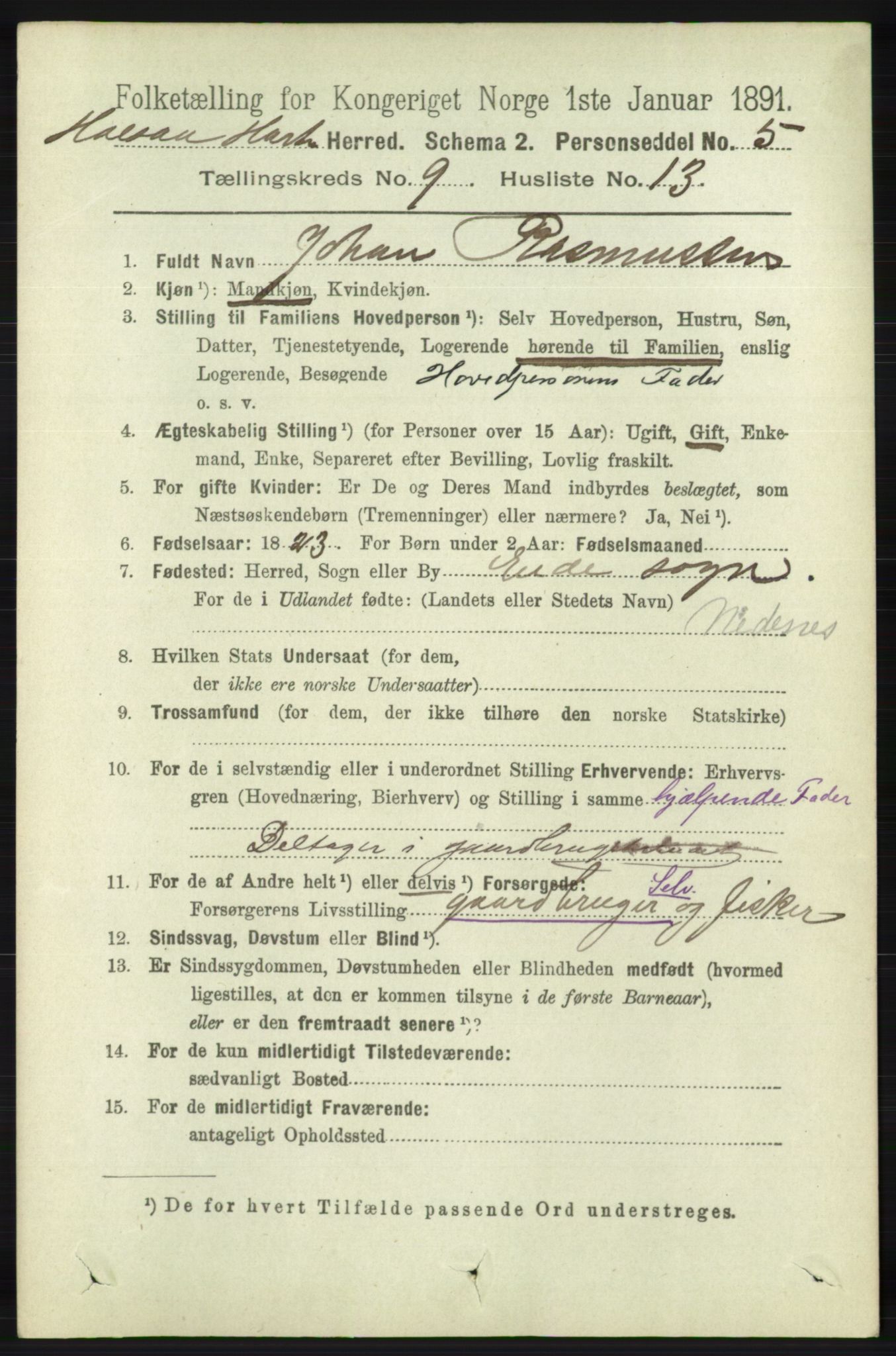 RA, 1891 census for 1019 Halse og Harkmark, 1891, p. 3695