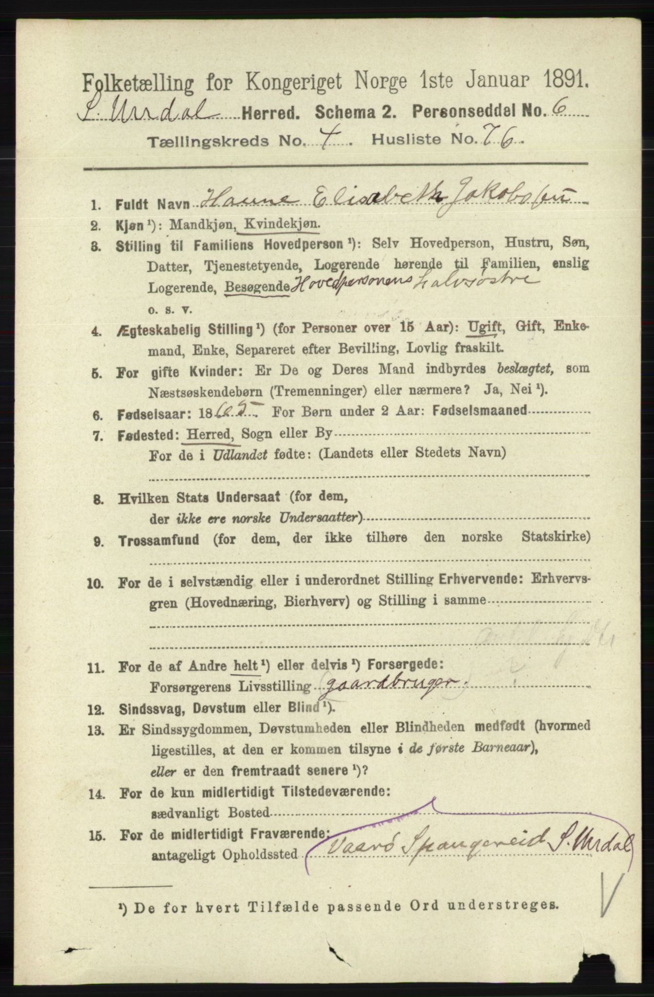 RA, 1891 census for 1029 Sør-Audnedal, 1891, p. 1825