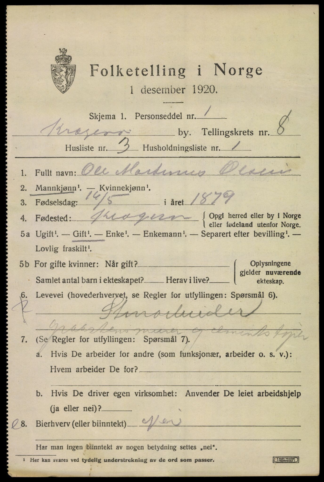 SAKO, 1920 census for Kragerø, 1920, p. 11107