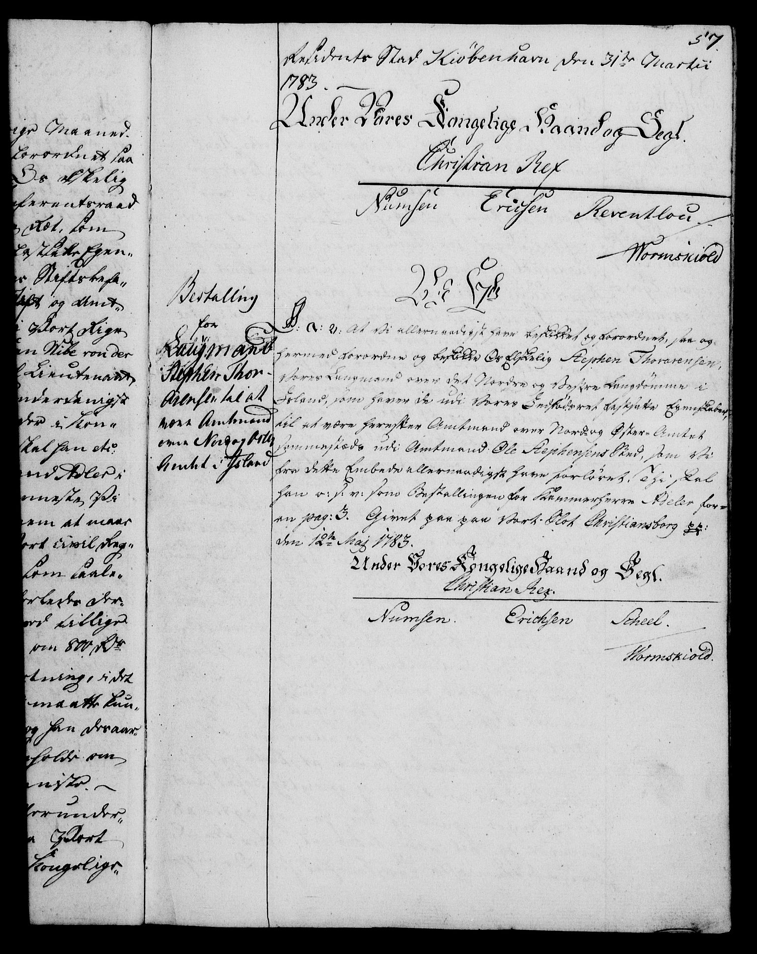 Rentekammeret, Kammerkanselliet, RA/EA-3111/G/Gg/Gge/L0006: Norsk bestallingsprotokoll med register (merket RK 53.30), 1773-1814, p. 57