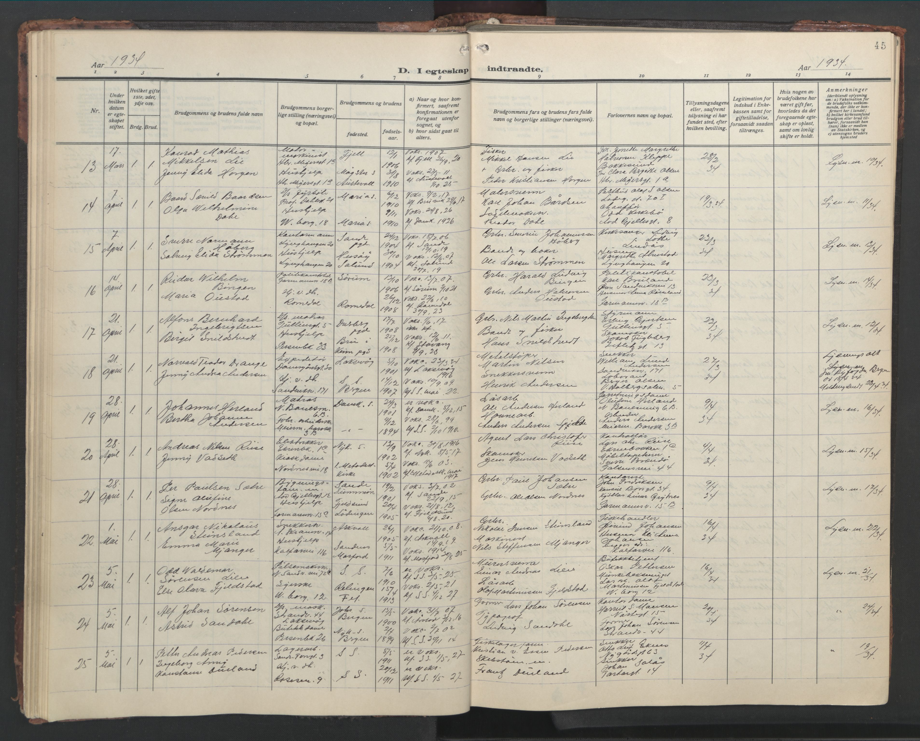 Sandviken Sokneprestembete, AV/SAB-A-77601/H/Hb/L0015: Parish register (copy) no. D 2, 1929-1953, p. 44b-45a