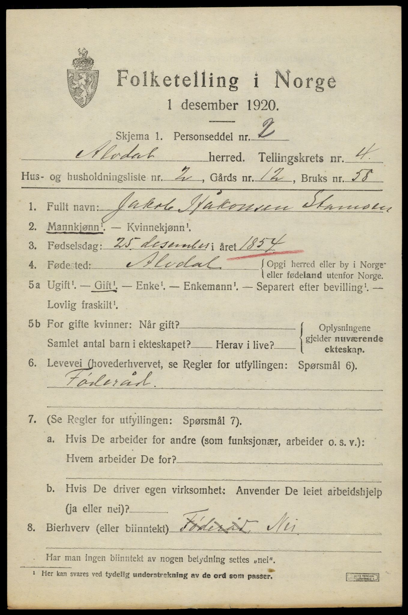 SAH, 1920 census for Alvdal, 1920, p. 2980