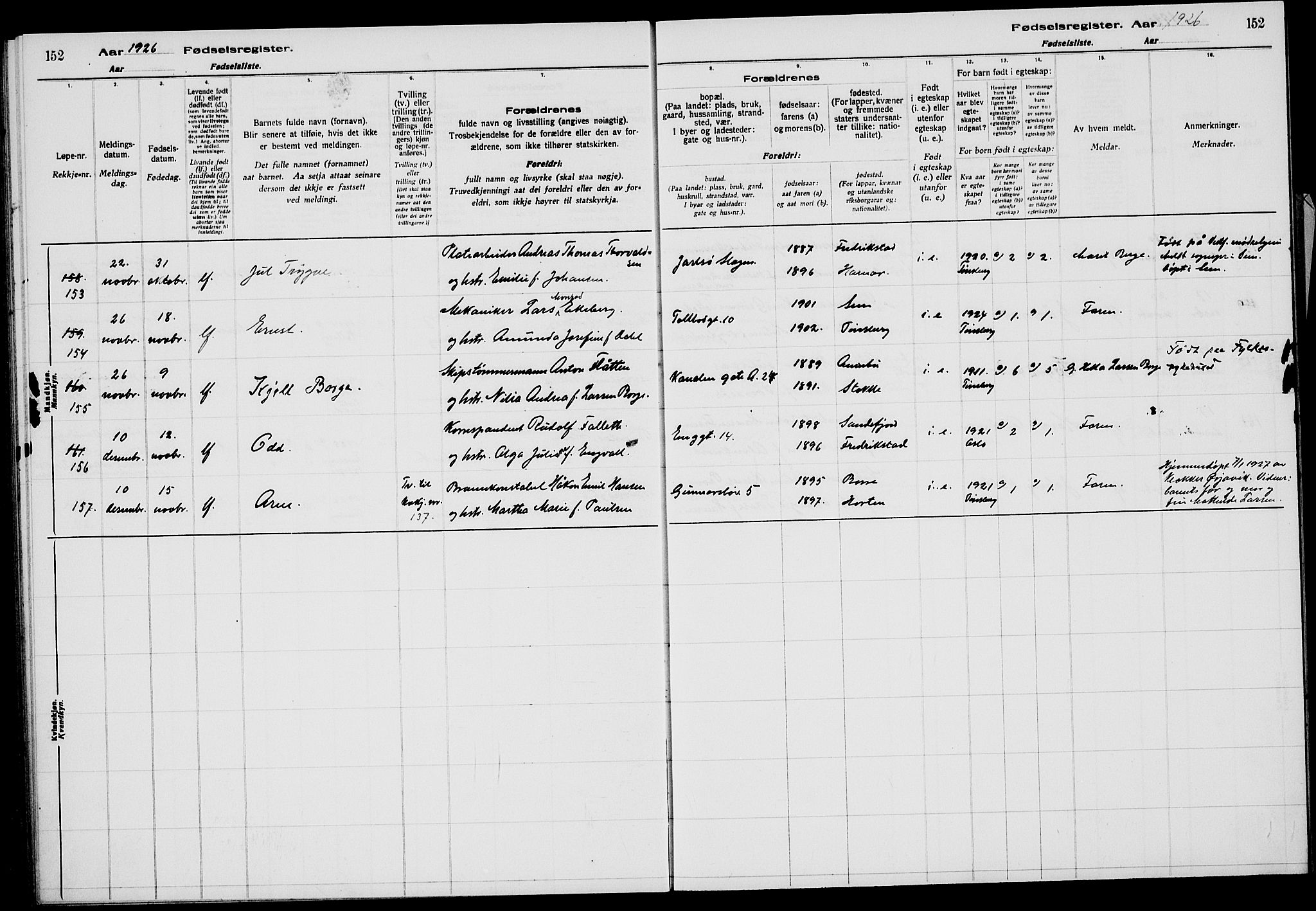 Tønsberg kirkebøker, AV/SAKO-A-330/J/Ja/L0002: Birth register no. 2, 1922-1928, p. 152