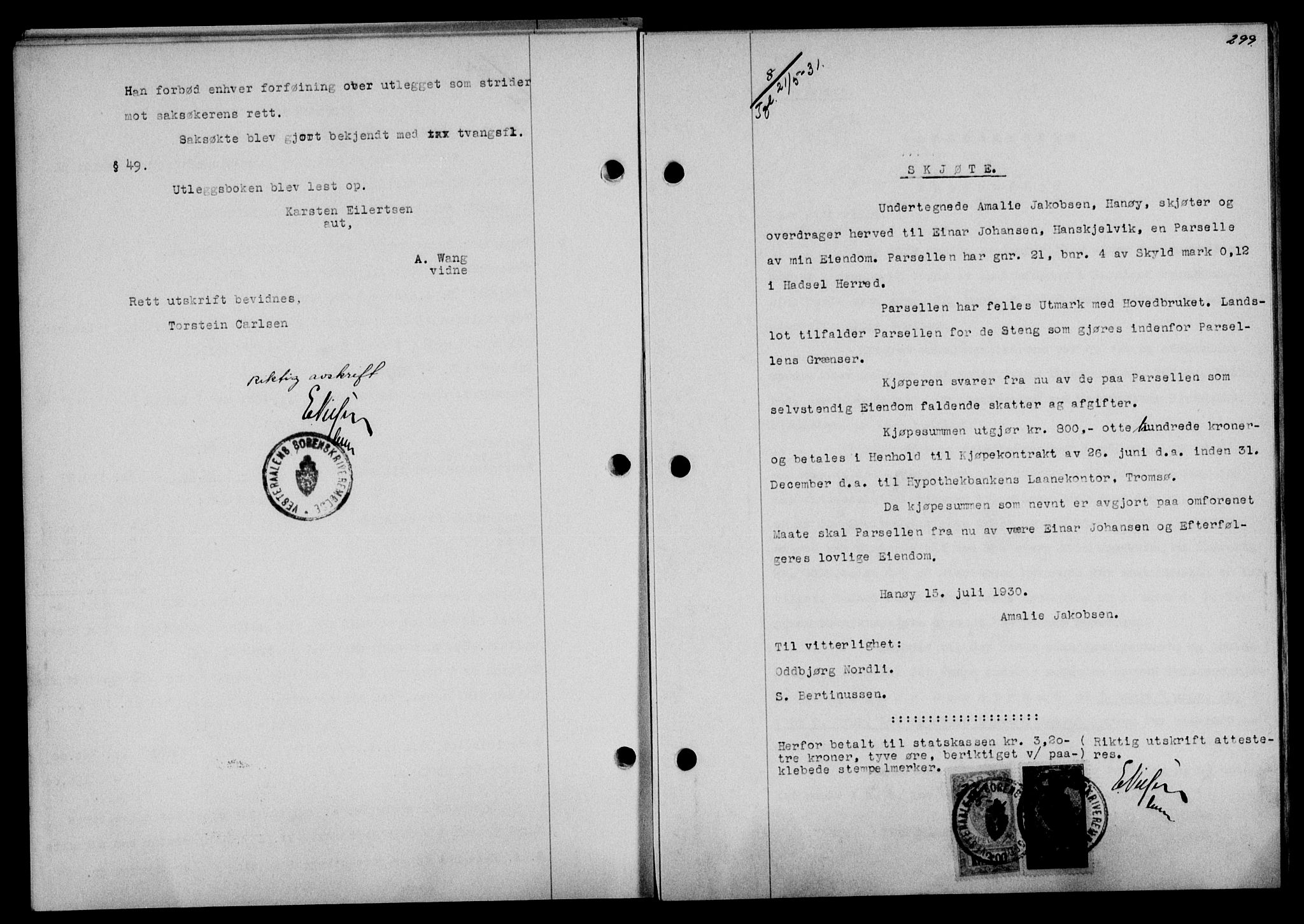 Vesterålen sorenskriveri, SAT/A-4180/1/2/2Ca/L0053: Mortgage book no. 46, 1931-1931, Deed date: 21.05.1931