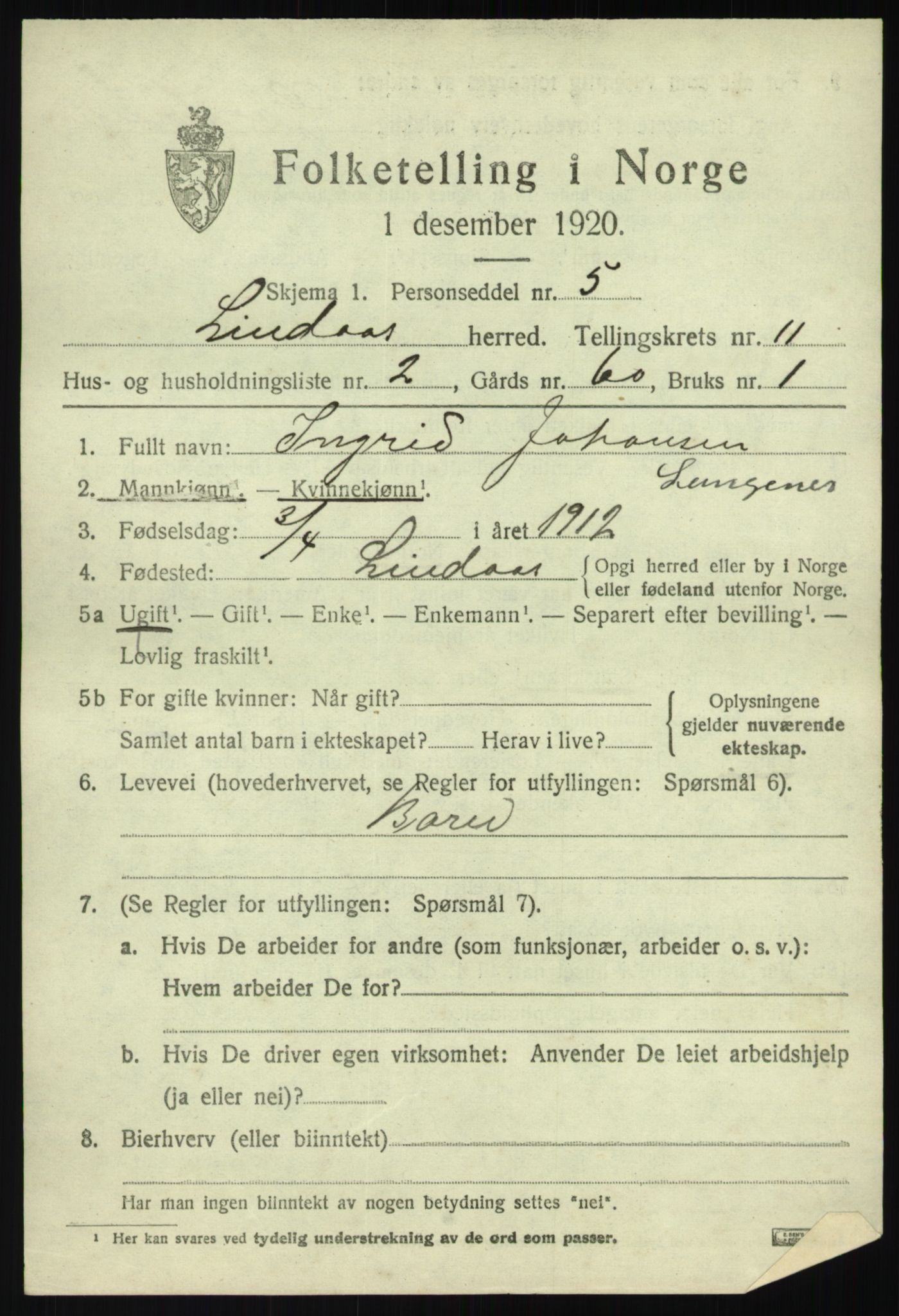 SAB, 1920 census for Lindås, 1920, p. 5617