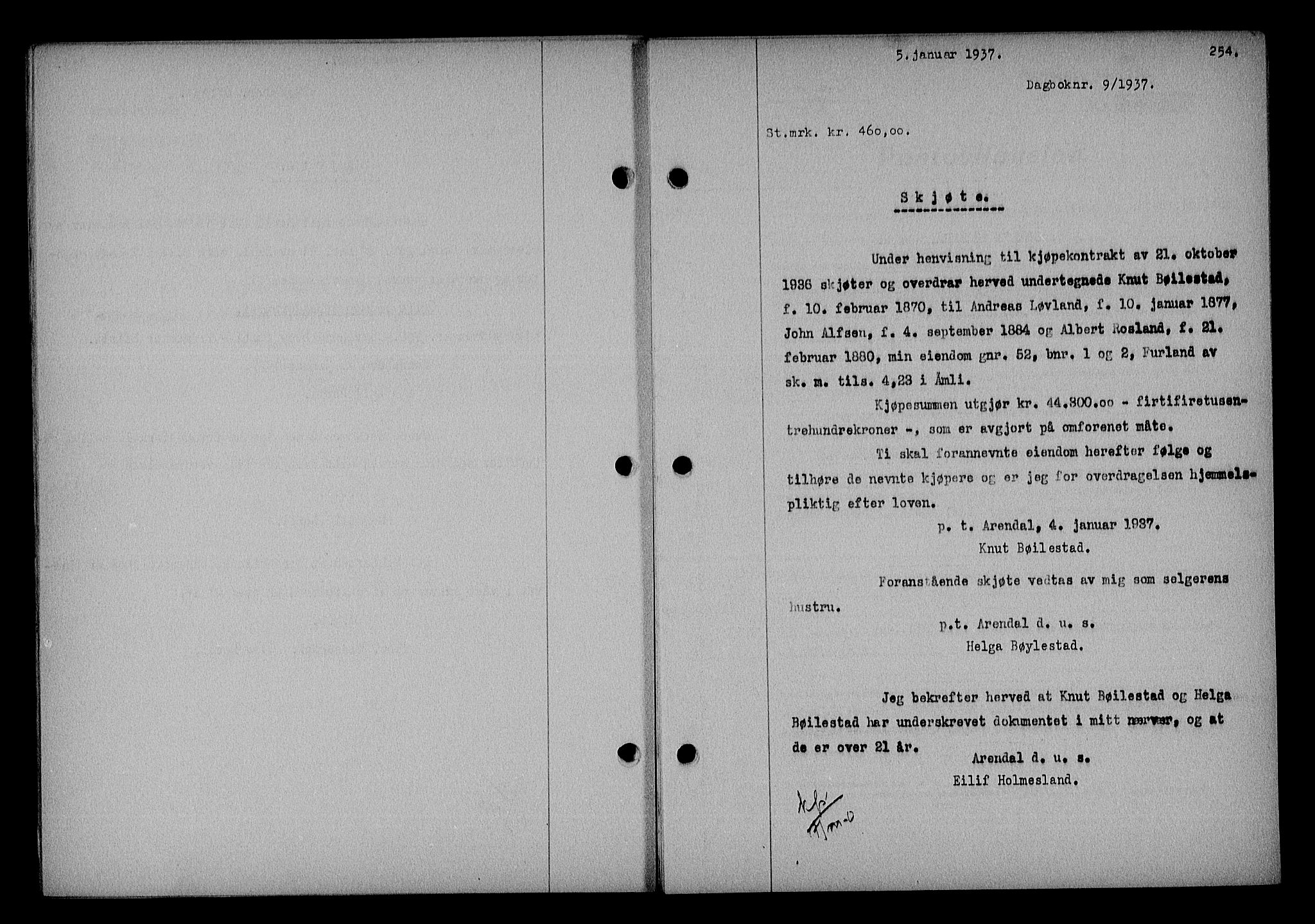 Nedenes sorenskriveri, SAK/1221-0006/G/Gb/Gba/L0043: Mortgage book no. 39, 1936-1937, Diary no: : 9/1937
