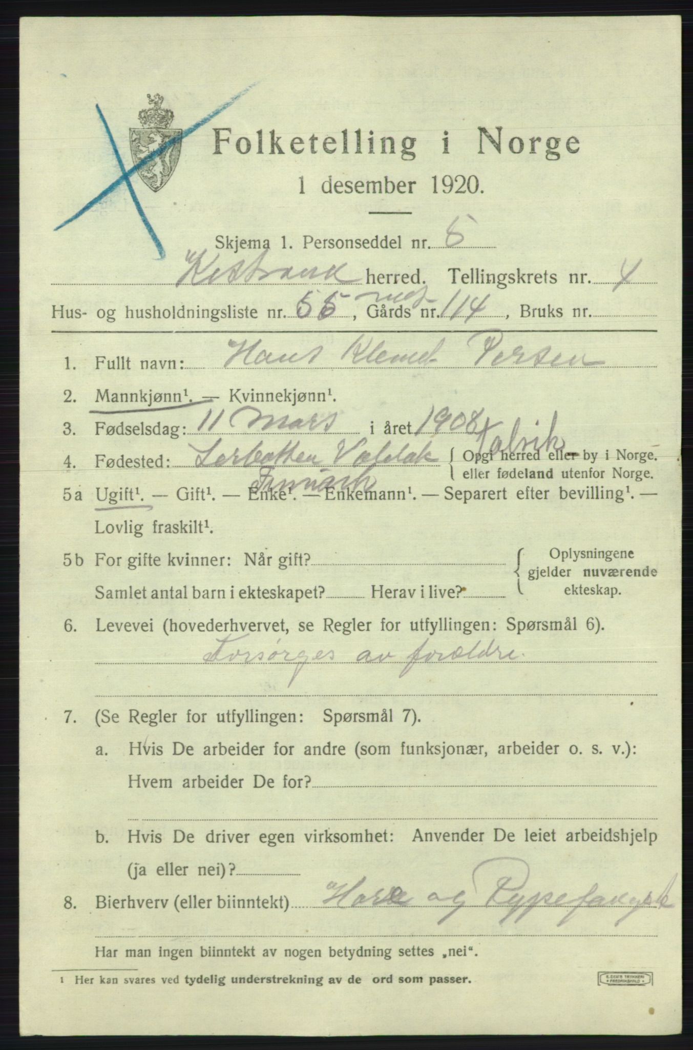 SATØ, 1920 census for Kistrand, 1920, p. 3074