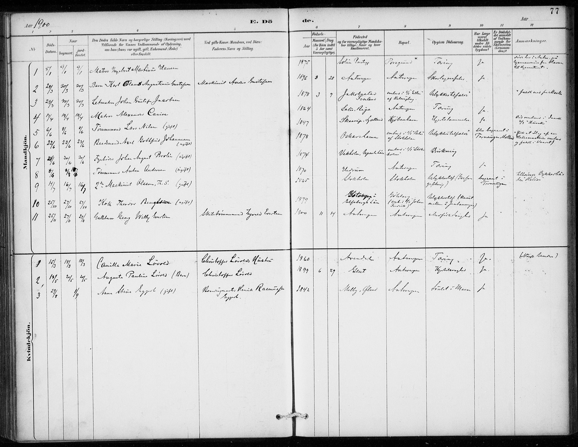 Den norske sjømannsmisjon i utlandet/Antwerpen, AV/SAB-SAB/PA-0105/H/Ha/L0002: Parish register (official) no. A 2, 1887-1913, p. 77