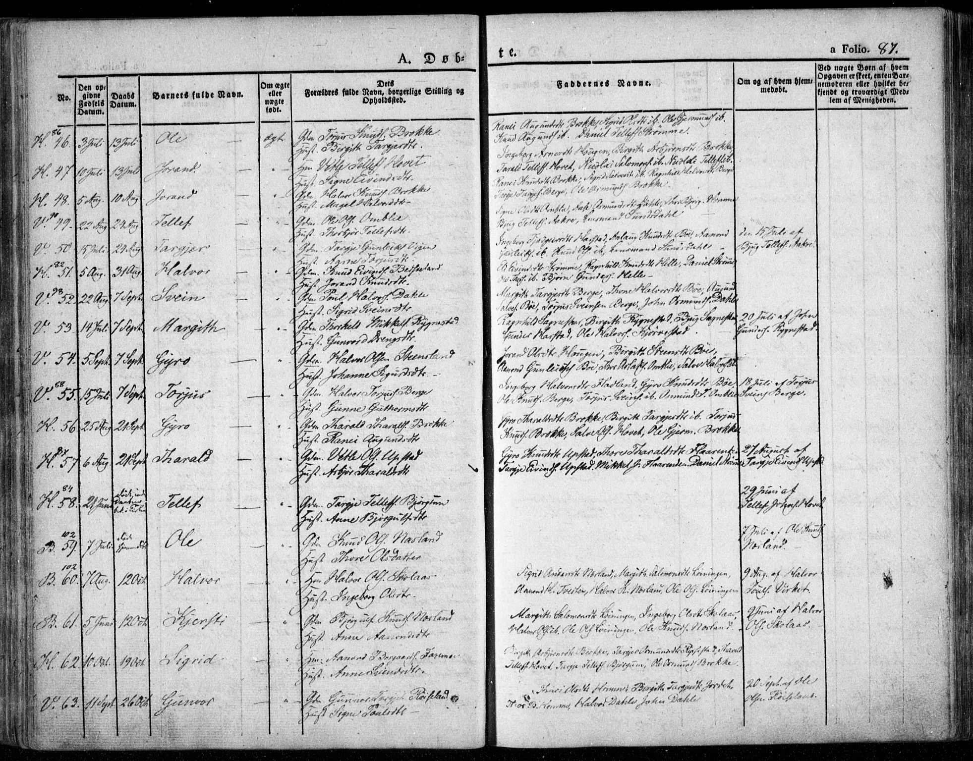 Valle sokneprestkontor, SAK/1111-0044/F/Fa/Fac/L0006: Parish register (official) no. A 6, 1831-1853, p. 87