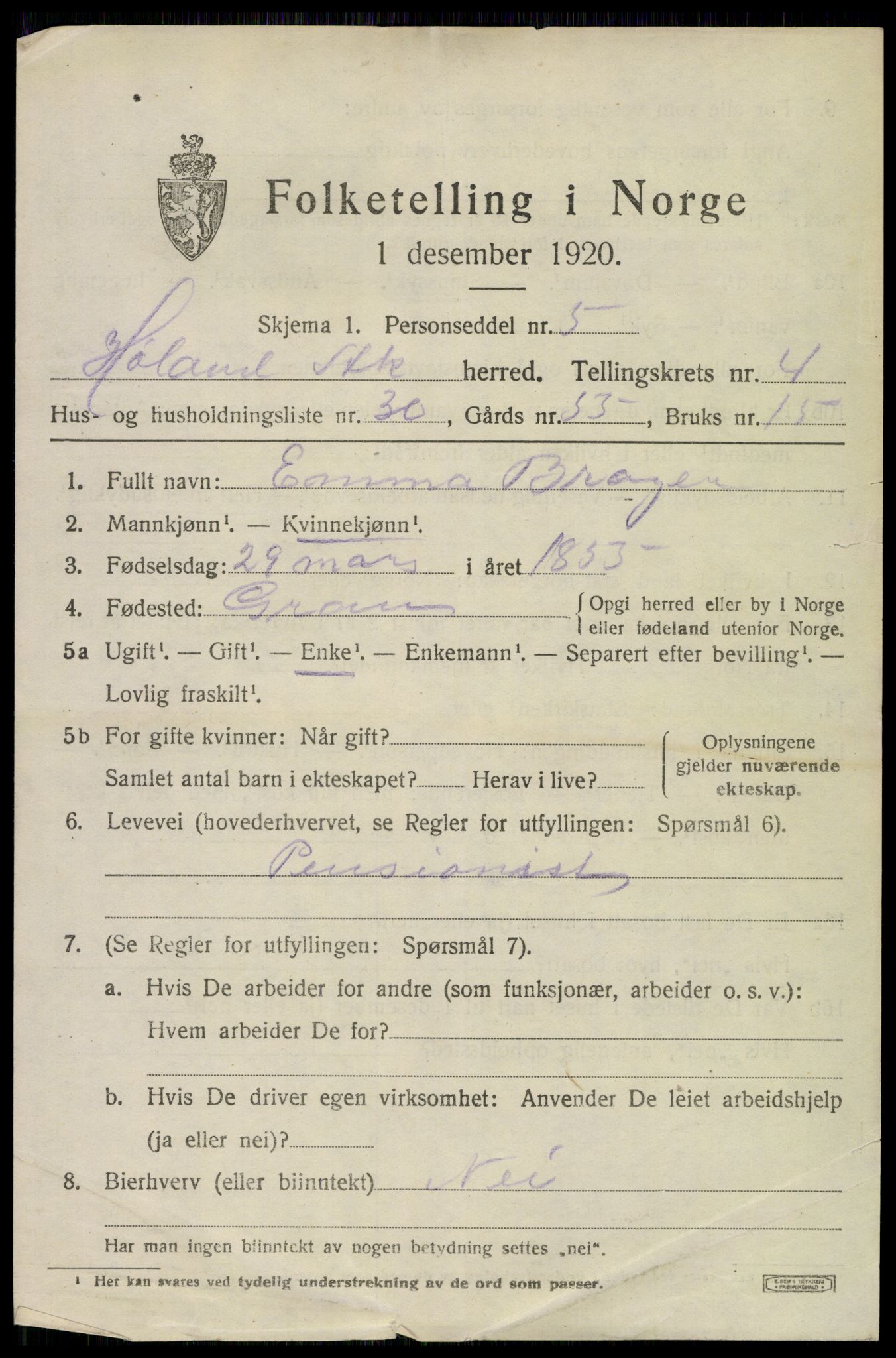 SAO, 1920 census for Høland, 1920, p. 6205