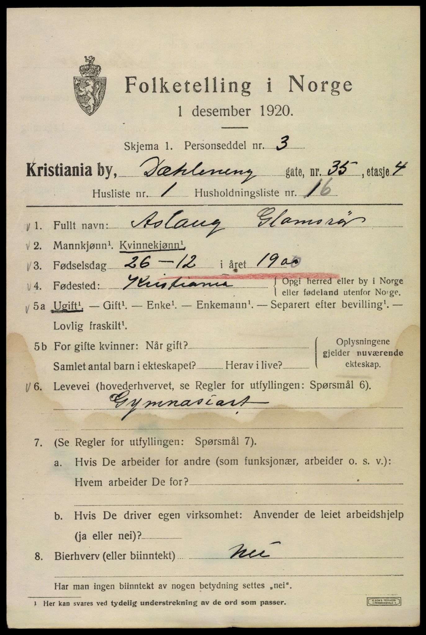 SAO, 1920 census for Kristiania, 1920, p. 206391