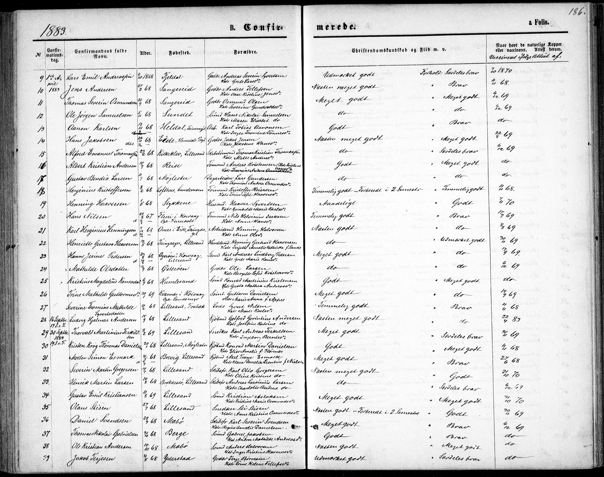 Vestre Moland sokneprestkontor, AV/SAK-1111-0046/F/Fb/Fbb/L0005: Parish register (copy) no. B 5, 1872-1883, p. 186