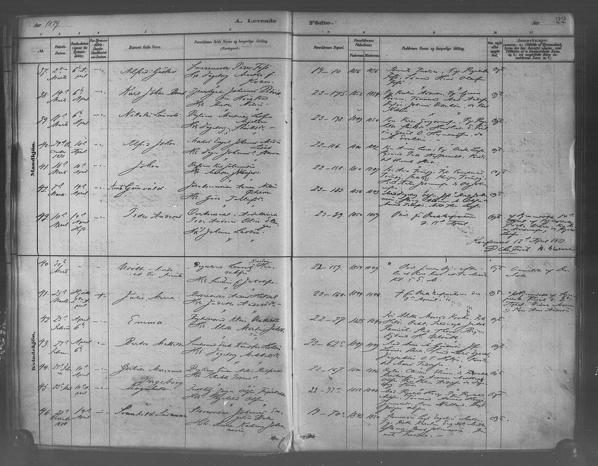 Korskirken sokneprestembete, AV/SAB-A-76101/H/Haa/L0021: Parish register (official) no. B 7, 1878-1889, p. 22