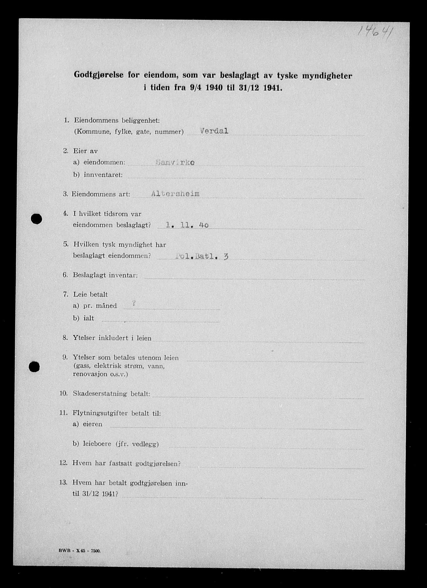 Justisdepartementet, Tilbakeføringskontoret for inndratte formuer, AV/RA-S-1564/I/L1019: Godtgjørelse for beslaglagt eiendom, 1940-1941, p. 90