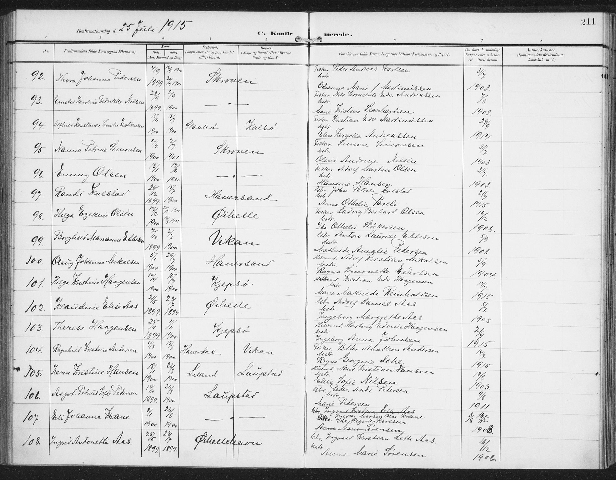 Ministerialprotokoller, klokkerbøker og fødselsregistre - Nordland, AV/SAT-A-1459/874/L1063: Parish register (official) no. 874A07, 1907-1915, p. 211