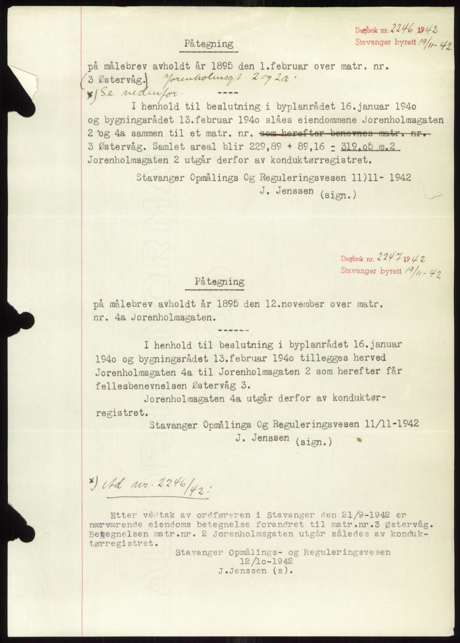 Stavanger byrett, SAST/A-100455/002/G/Gb/L0033: Mortgage book, 1936-1950, Diary no: : 2246/1942