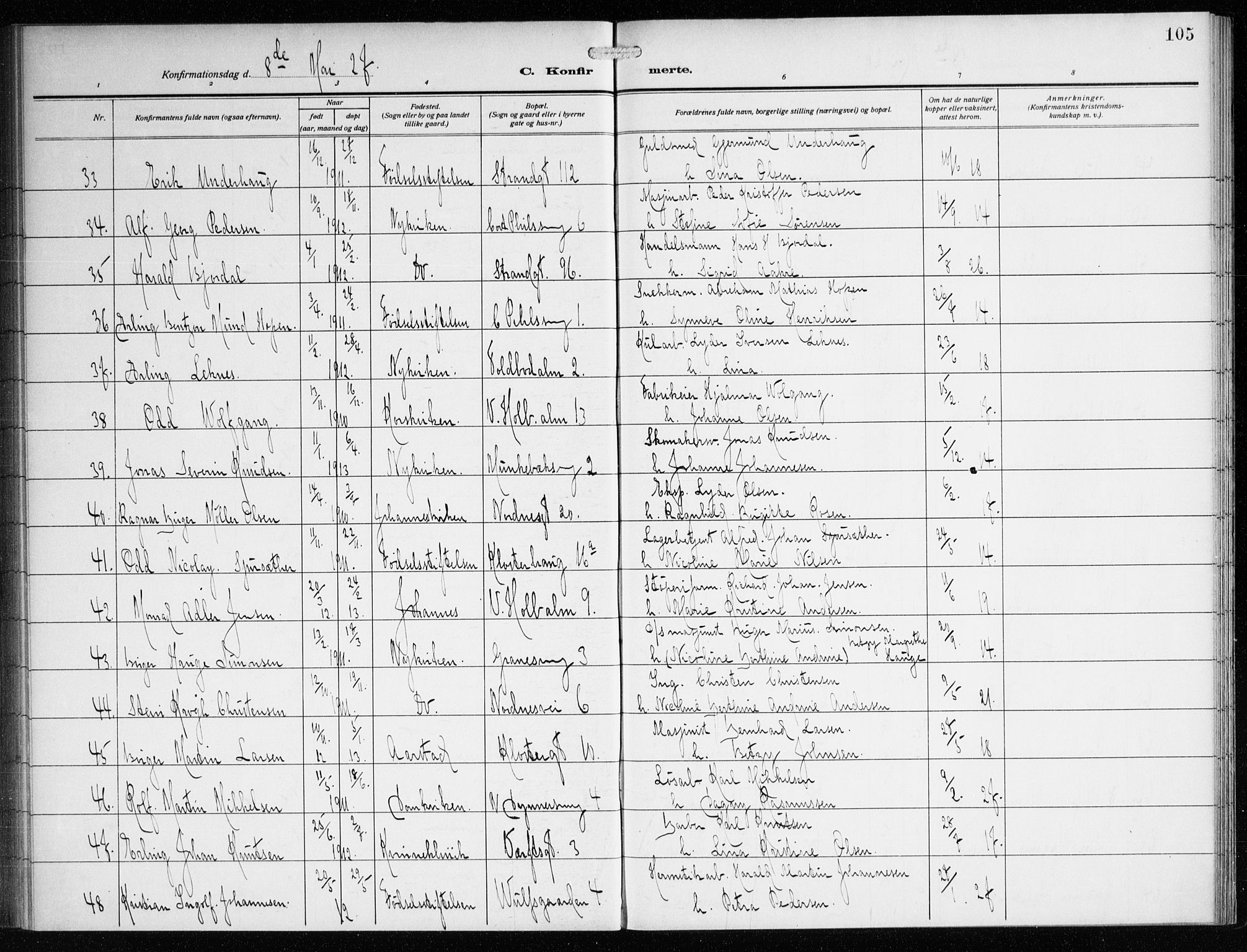 Nykirken Sokneprestembete, SAB/A-77101/H/Haa/L0029: Parish register (official) no. C 8, 1913-1936, p. 105